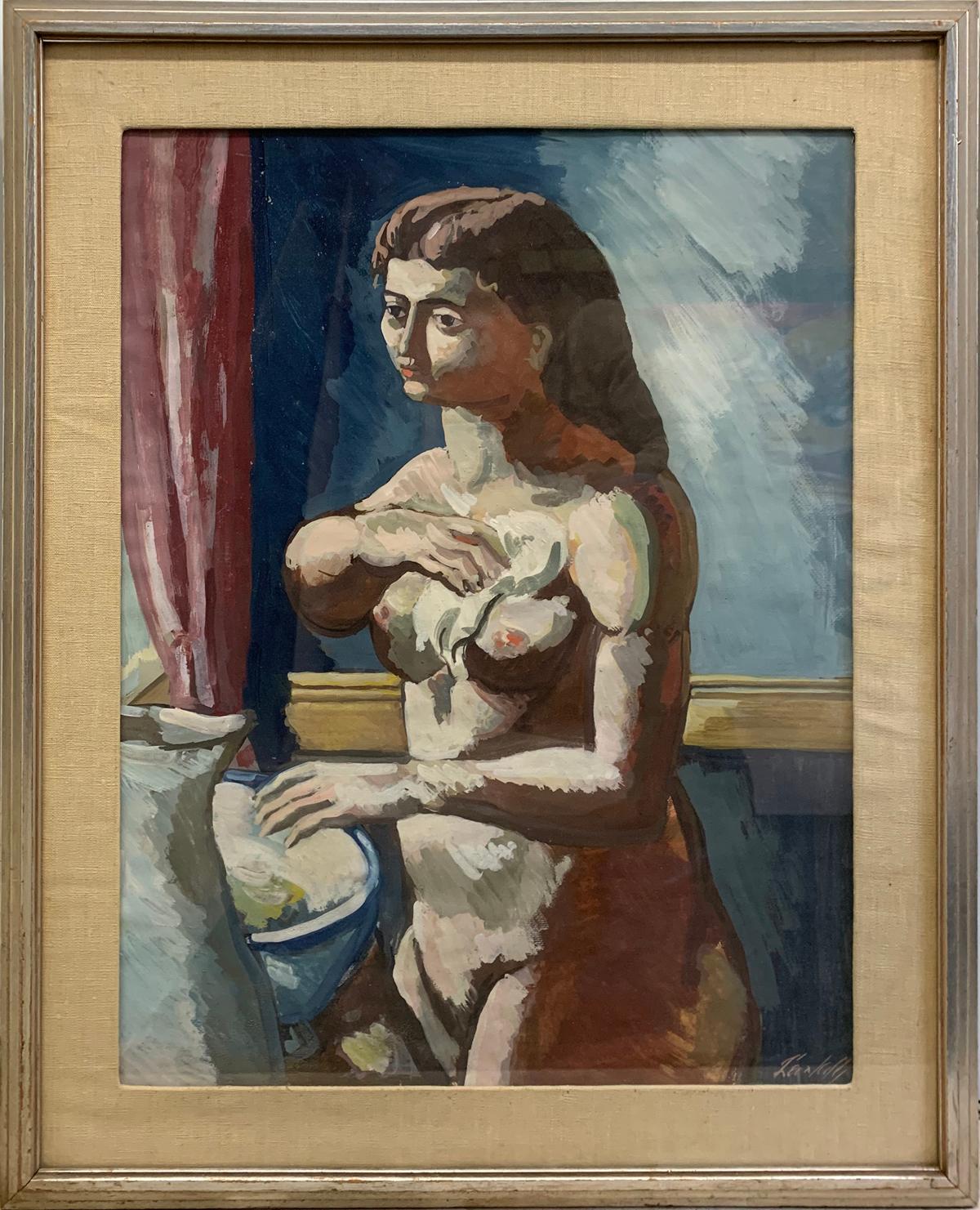 Woman at Basin, Picasso Style Portrait of a Female Nude, American Modernist - Painting by Leon Kelly