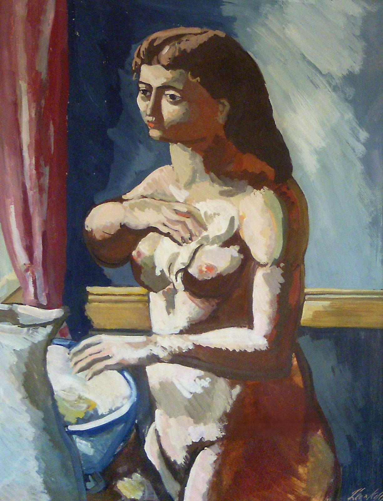 Portrait Painting Leon Kelly - Woman at Basin, portrait d'une femme nue de style Picasso, moderniste américain