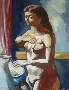 Woman at Basin, Picasso Style Portrait of a Female Nude, American Modernist