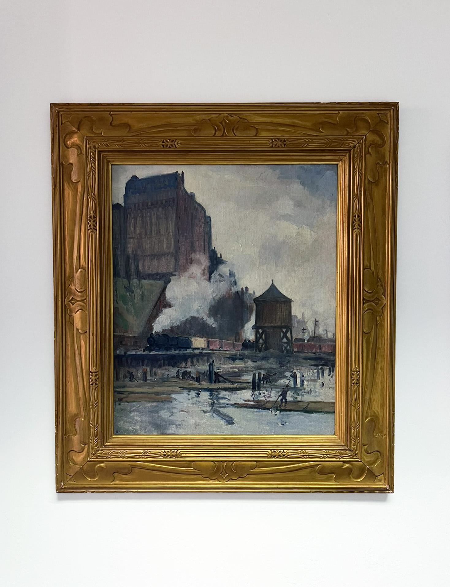 Reclaimed Land, Riverside Drive - Grande peinture à l'huile impressionniste de la ville de New York - Marron Landscape Painting par Leon Kroll