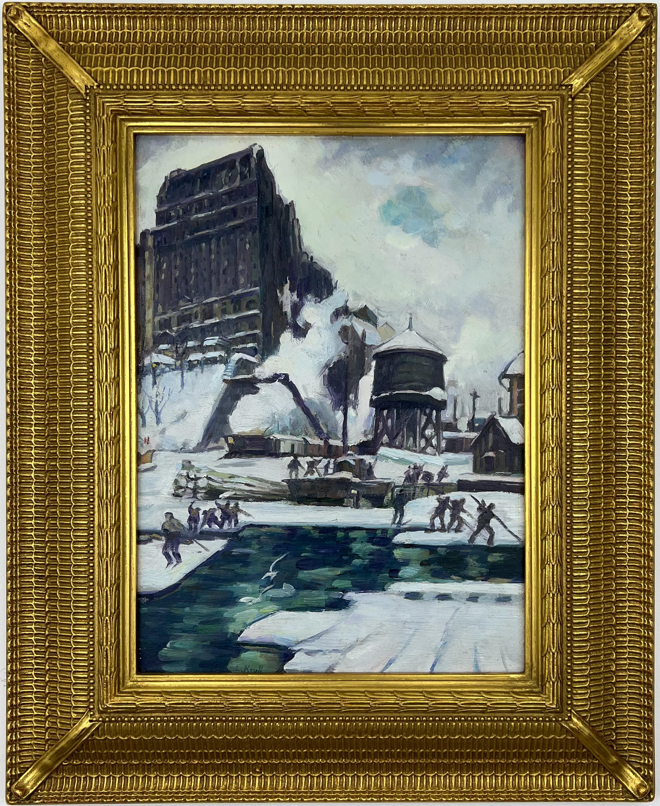 Landscape Painting de Leon Kroll - Reclaimed Land, Riverside Drive-Estudio de invierno Pintura al óleo de Nueva York