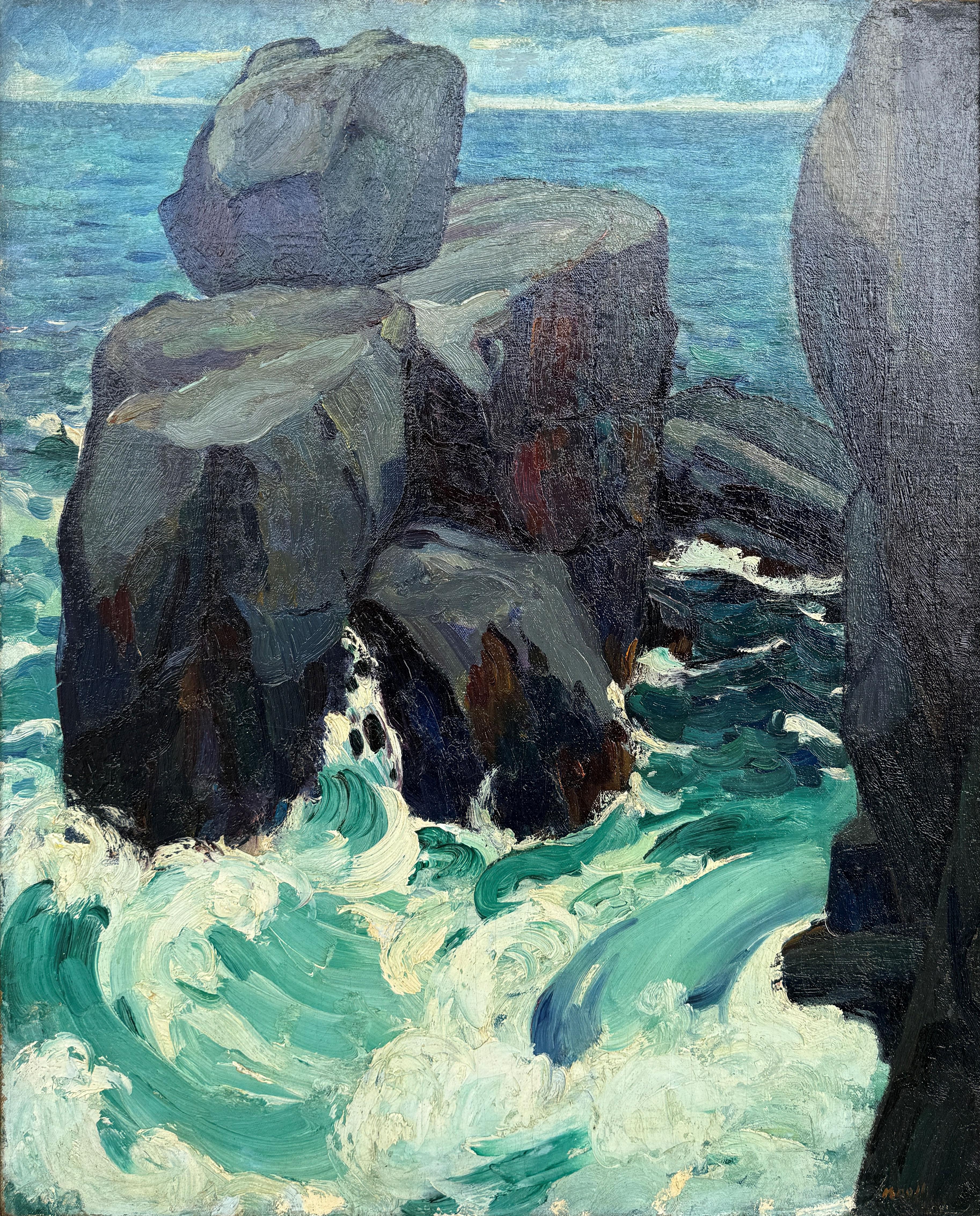 Leon Kroll
Rocas y oleaje, Monhegan, 1913
Firmado y fechado abajo a la derecha
Óleo sobre lienzo
30 x 25 pulgadas


Leon Kroll siguió siendo un pintor realista en una época en la que el mundo del arte estadounidense avanzaba rápidamente hacia la