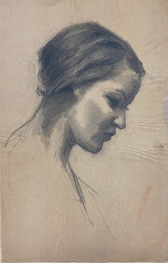 Early 20th Century French Charcoal Portrait of Young Woman in Pensive Thought