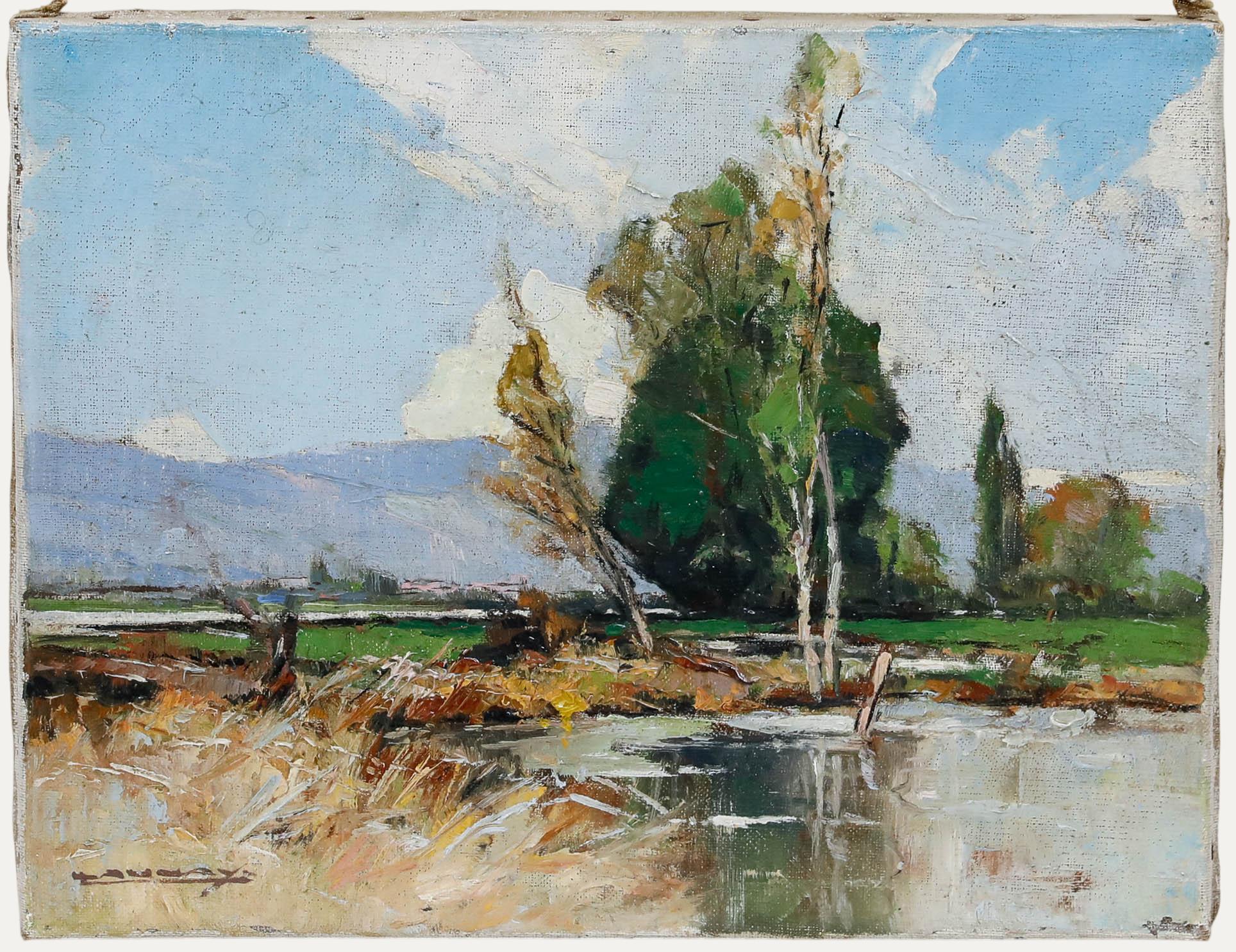 This impressionistic landscape depicts a serene rural scene featuring tall trees reflected in still water, with distant mountains visible beneath a cloudy sky. The artist employs loose, expressive brushwork and a muted palette of greens, blues, and