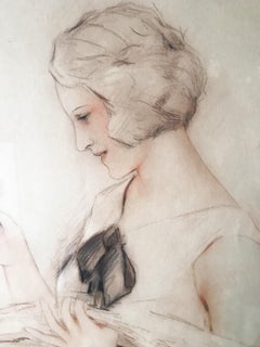 LÉON LAUNAY " Retrato de una joven con una flor " Dibujo Siglo XX