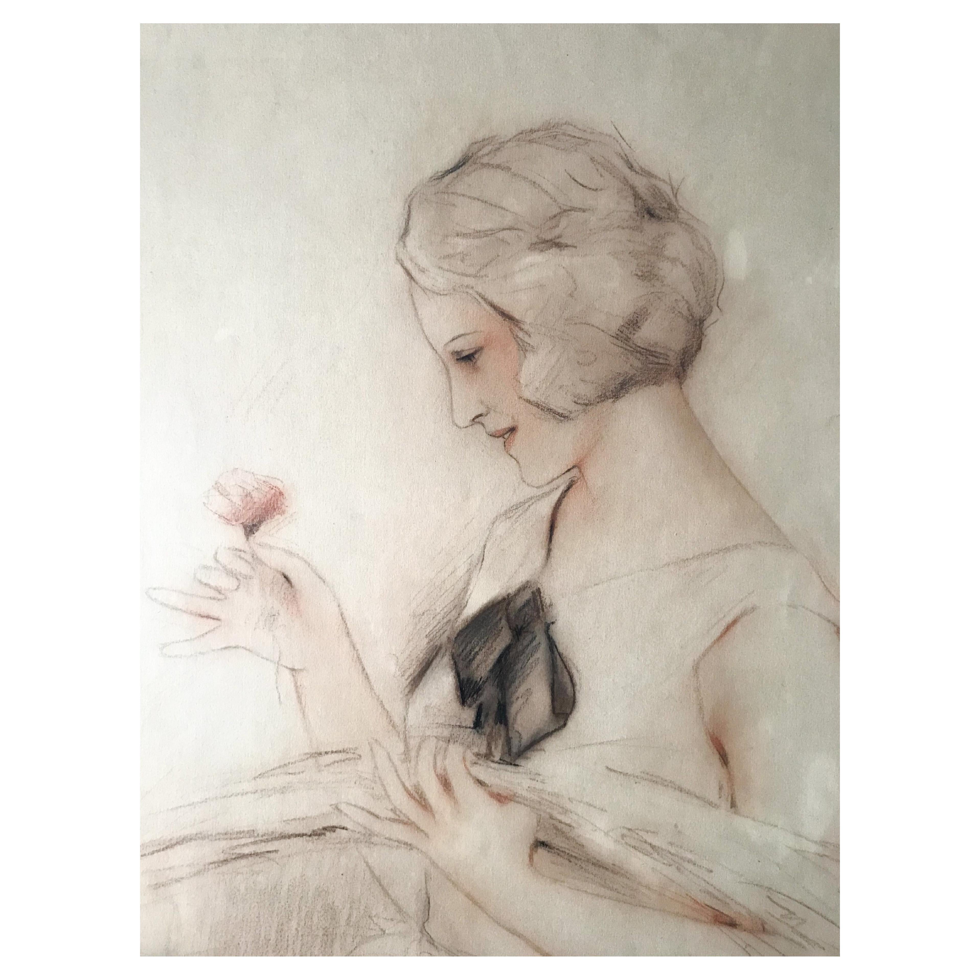 LÉON LAUNAY « Portrait Of A Young Lady With a Flower » Drawing 20th Century