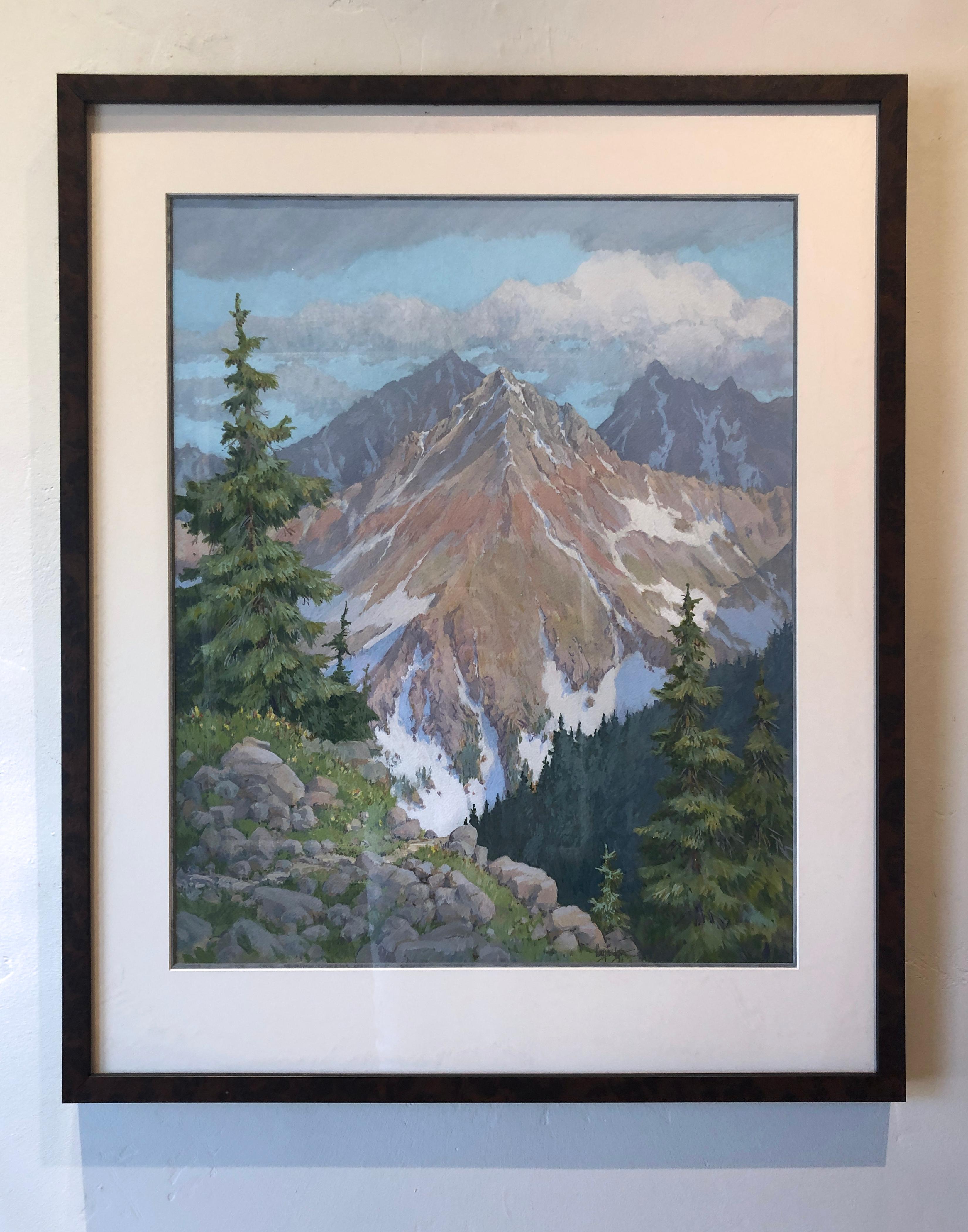 Framed dimensions:  31 h x 26 w x 1.25 d
Signed bottom right:  Loughridge
Leon Loughridge's contemporary western landscape watercolor 