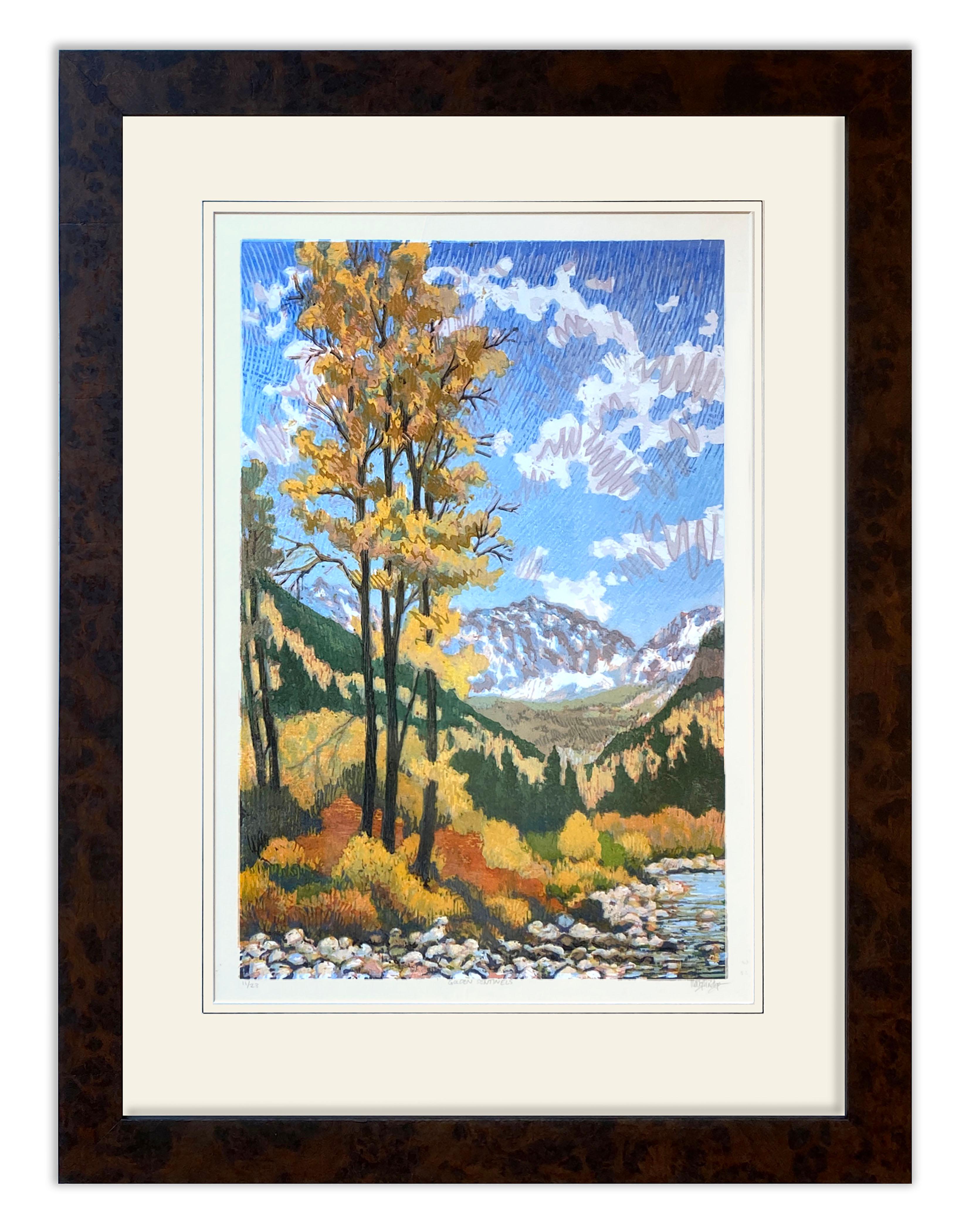 Golden Sentinels 11/23 (woodblock print of contemporary western Fall landscape)  - Print by Leon Loughridge