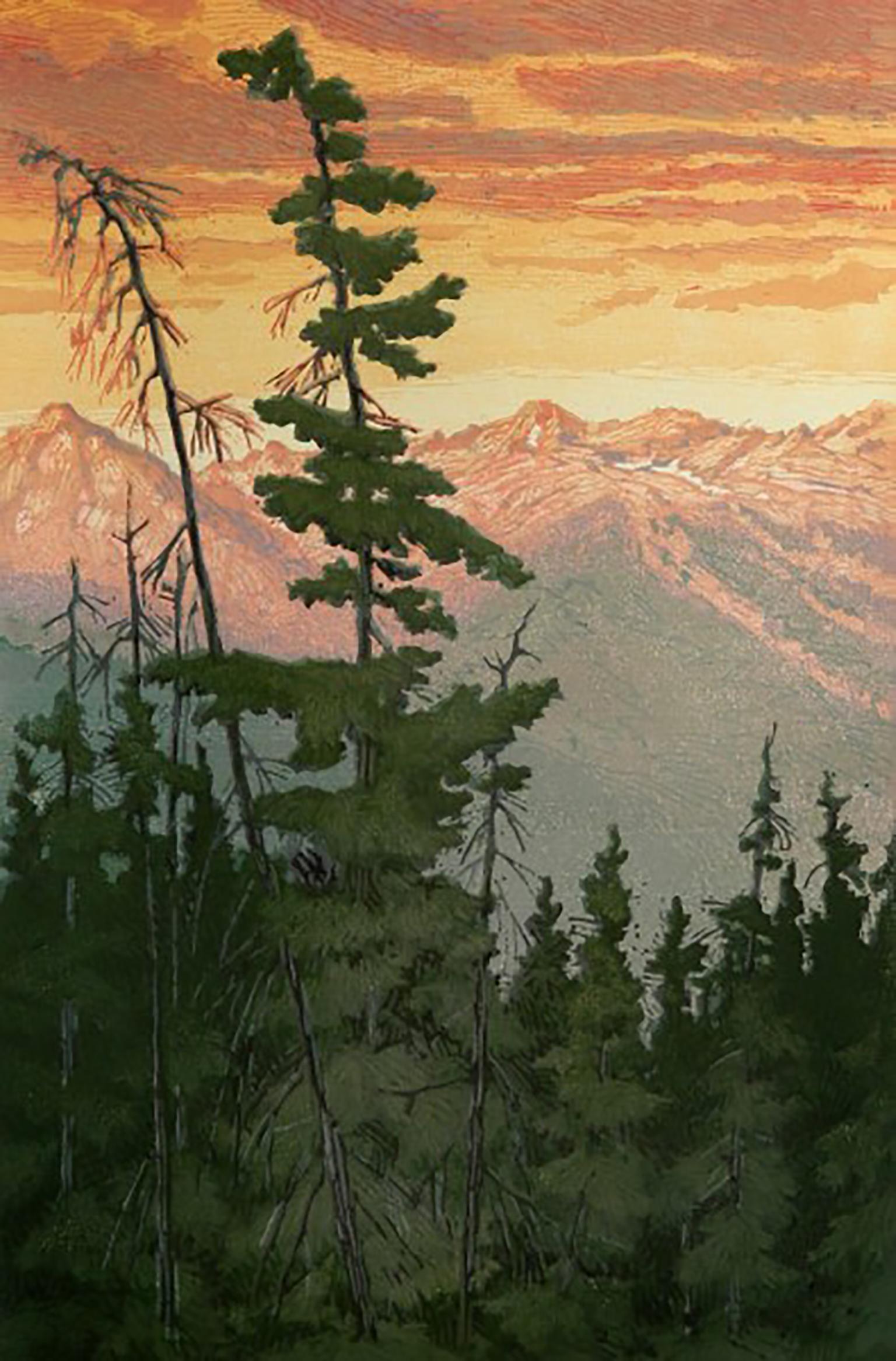 Leon Loughridge Landscape Print - Gore Range Sunrise 9/22 (salmon sky, evergreens, Gore Mountain Range)