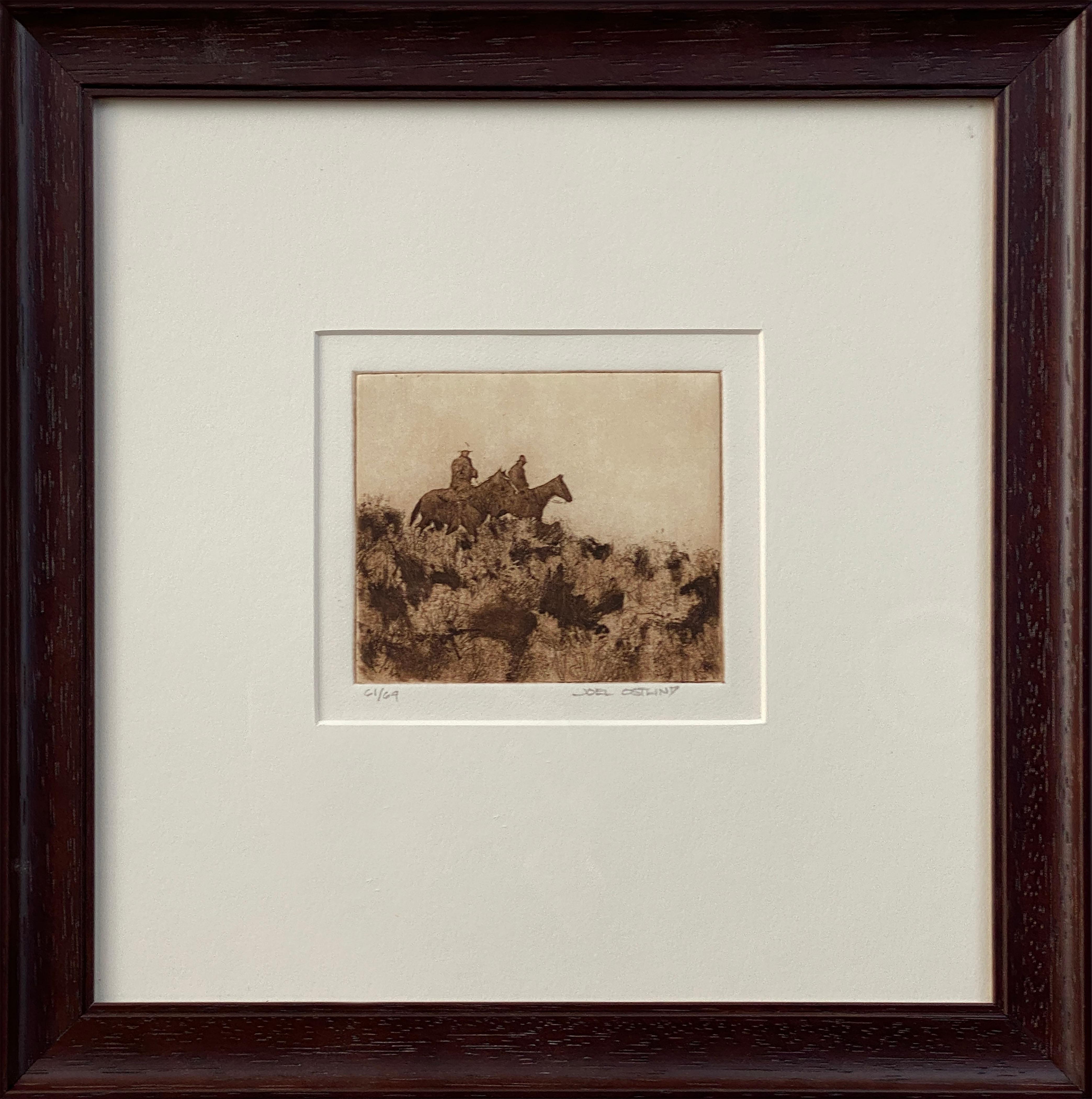 Through the Sage (cowboys, sage brush, antiqued finish, etching with aquatint) - Print by Leon Loughridge