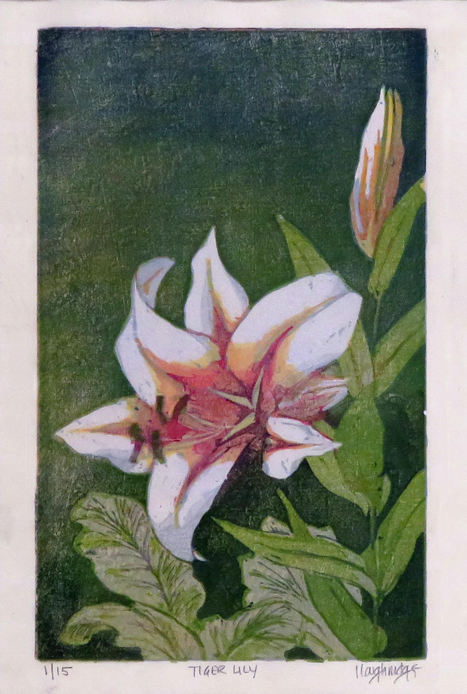 Tiger Lily 2/15 (woodblock print, Japanese paper, mica powder, magenta, green) - Print by Leon Loughridge