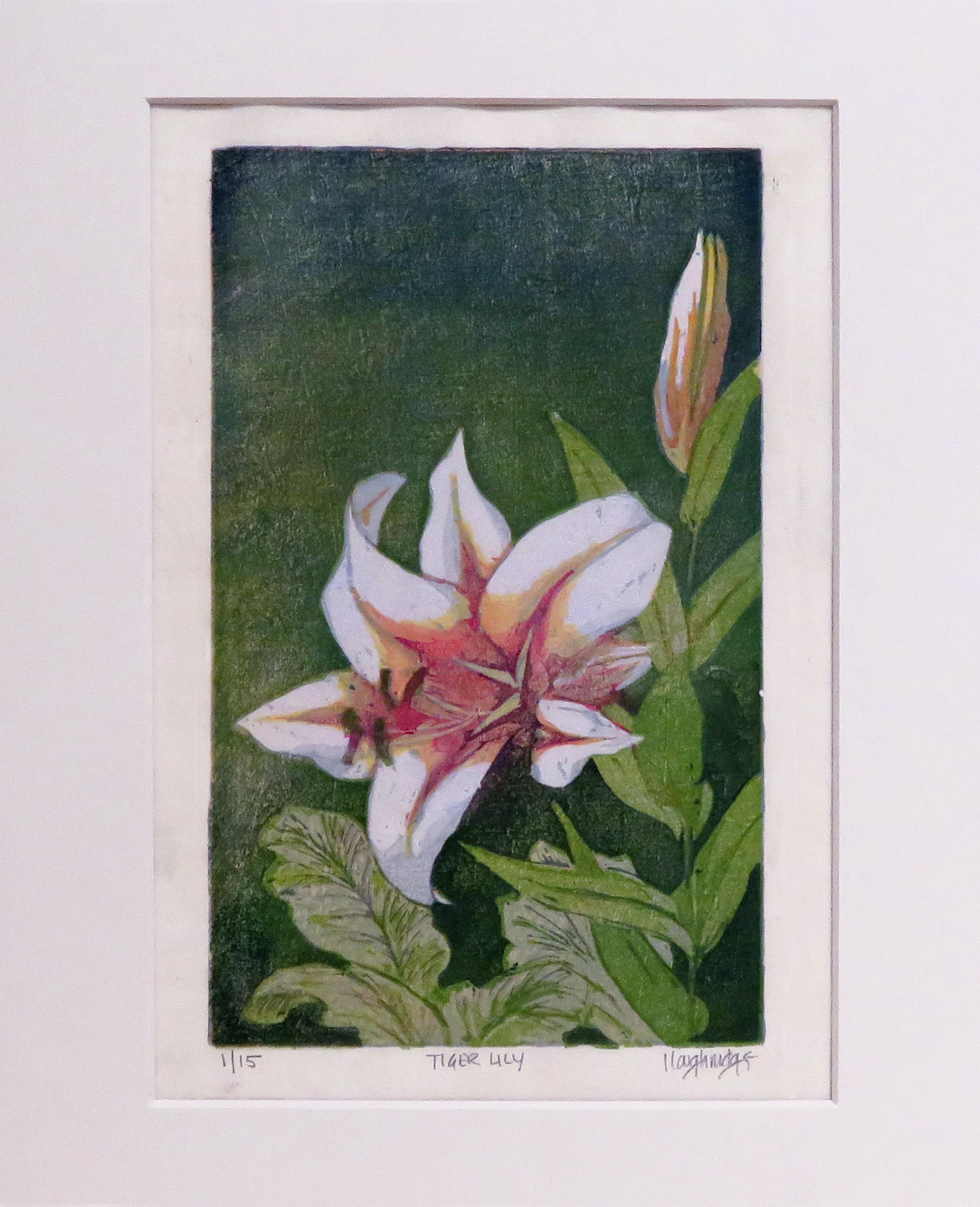 Leon Loughridge Landscape Print - Tiger Lily 2/15 (woodblock print, Japanese paper, mica powder, magenta, green)