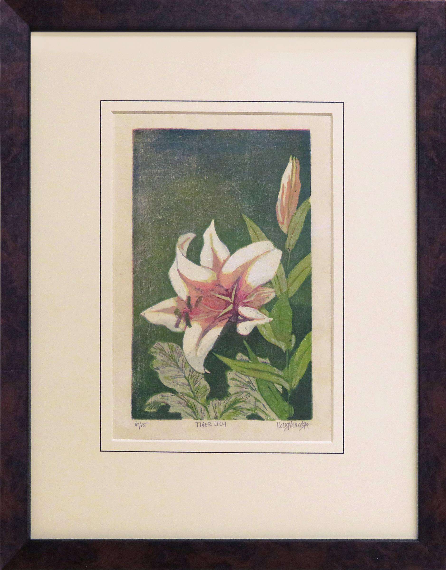 Leon Loughridge Landscape Print - Tiger Lily 6/15 (woodblock print, japanese paper, framed, magenta, green)