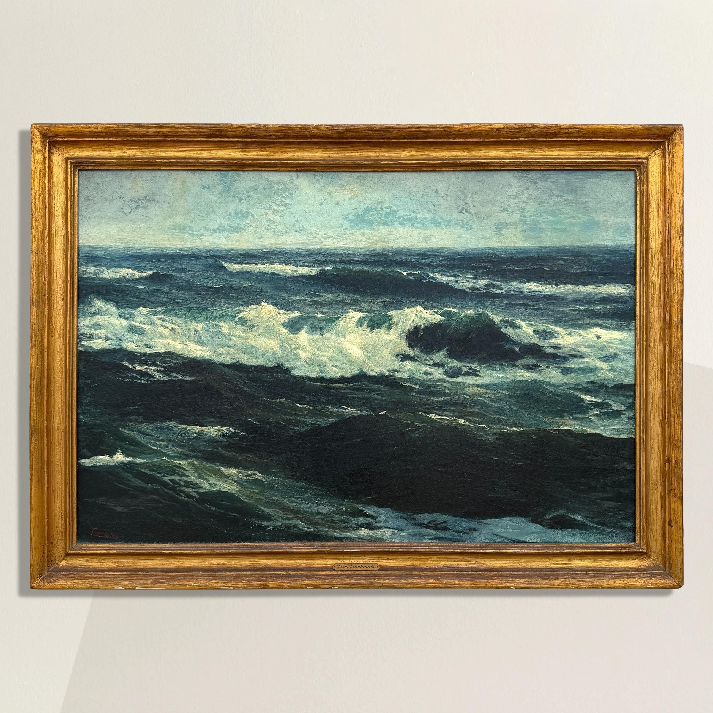 This vivid oil on canvas by Leon Lundmark captures a turbulent seascape—likely Lake Michigan—rendered in bold blues, deep turquoises, and cresting whitecaps that shimmer in shifting sunlight. The water surges with energy, each wave alive with motion
