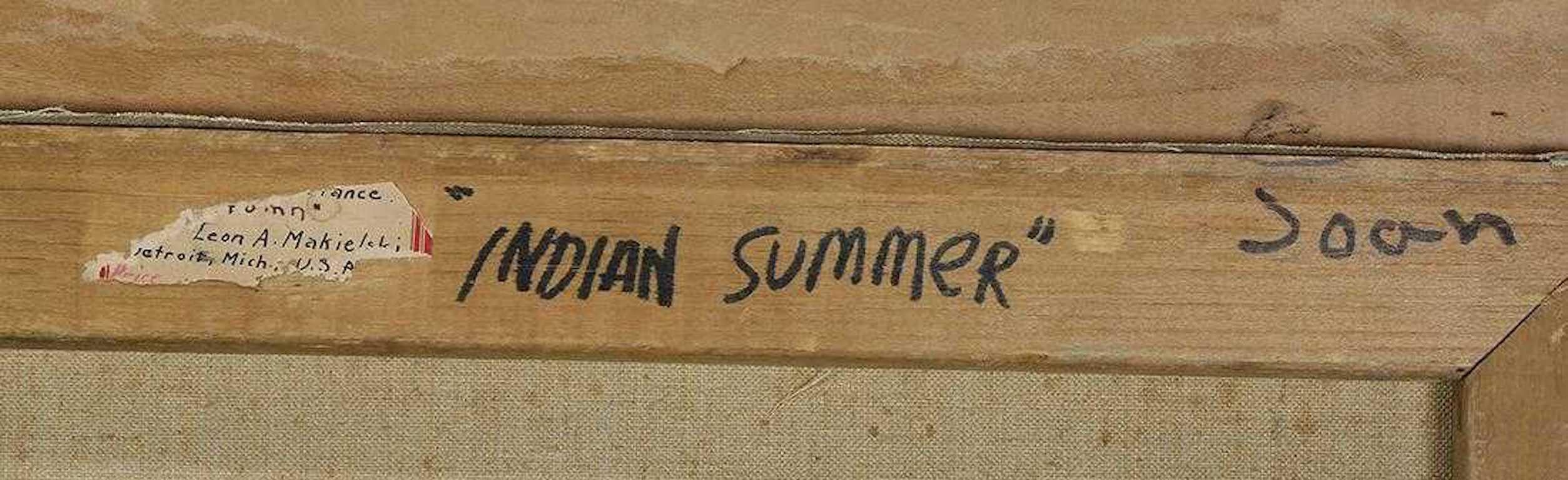 Leon A. Makielski (Amerikaner:: 1885-1974) 
Oktober Indischer Sommer:: 1918 
Öl auf Leinwand:: Öl 
Signiert unten rechts:: verso betitelt 
25 Zoll H x 30 Zoll L 
Rahmen: 29 Zoll H x 33 3/4 Zoll L x 1 Zoll B 

Leon Makielski (1885-1974) war ein