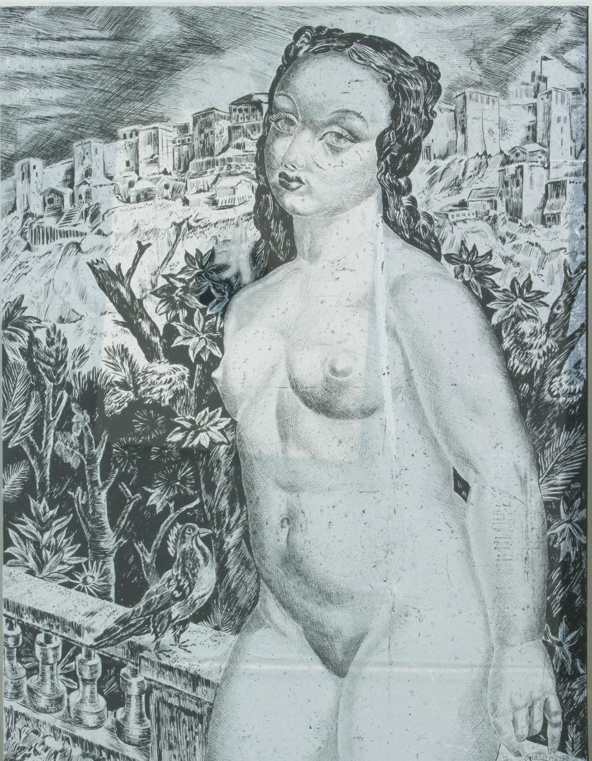 Nude with a Bird, Eglomisé Mirrored Glass Engraved Panel Painting by Leon Masson For Sale 9