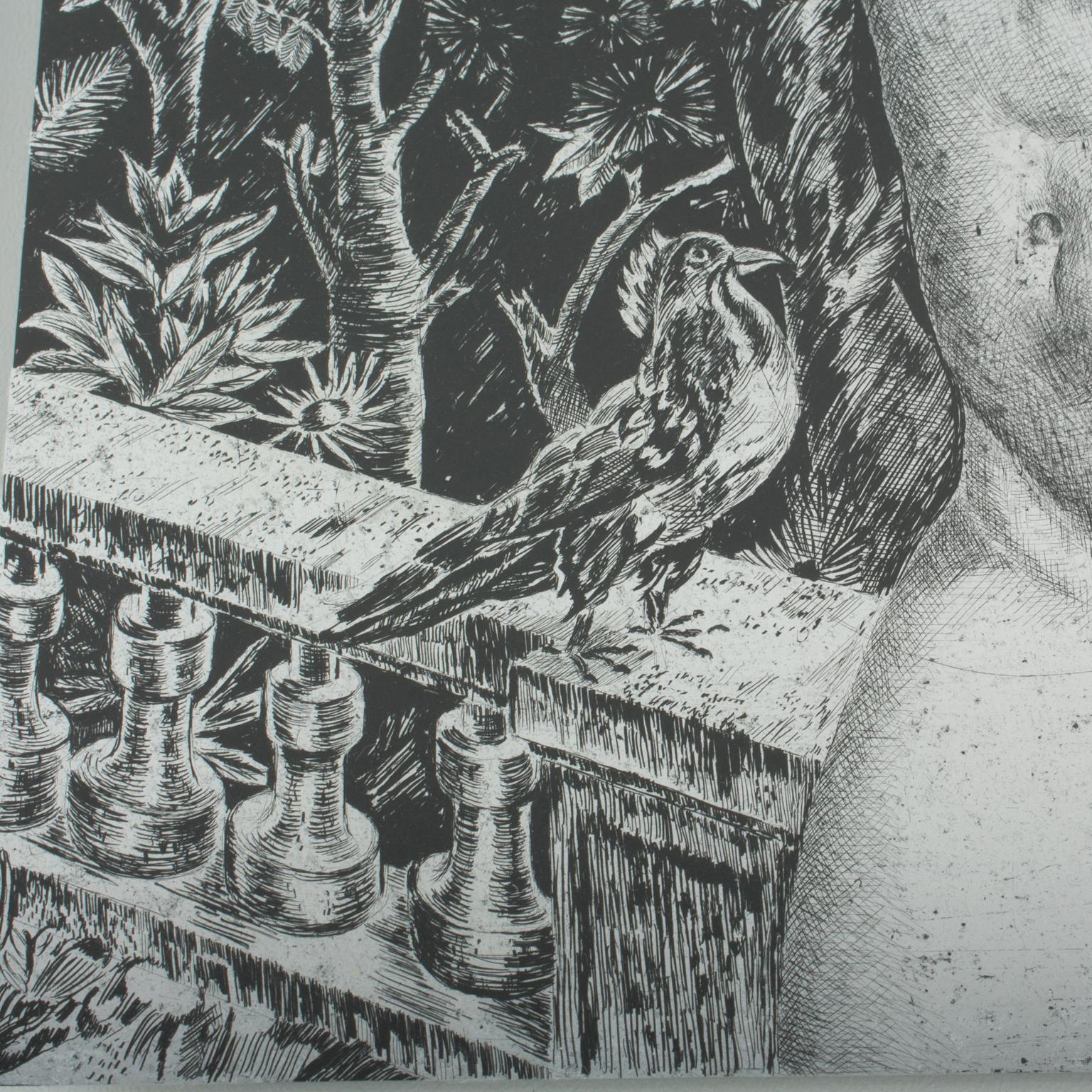 Nude with a Bird, Eglomisé Mirrored Glass Engraved Panel Painting by Leon Masson For Sale 12