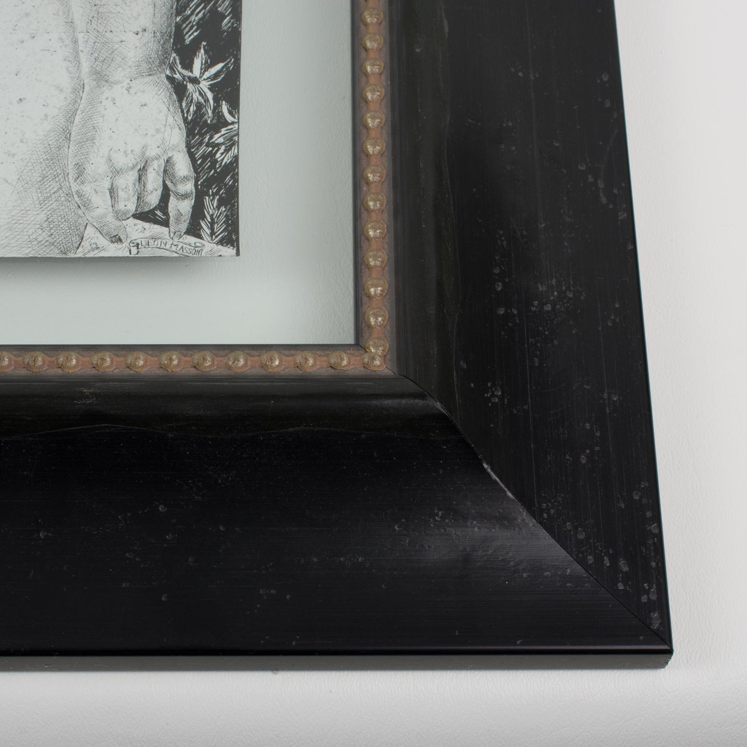 Nude with a Bird, Eglomisé Mirrored Glass Engraved Panel Painting by Leon Masson For Sale 14