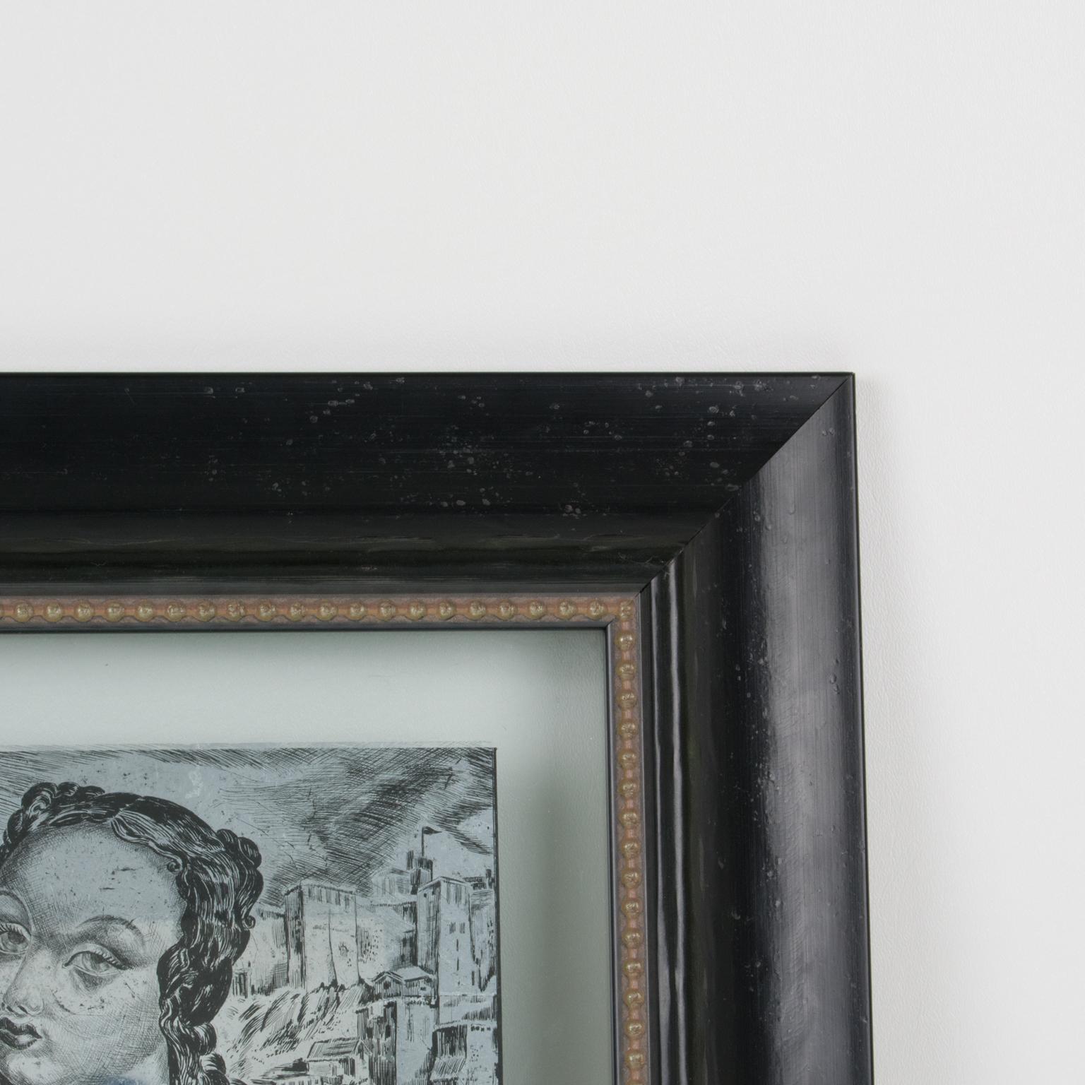 Nude with a Bird, Eglomisé Mirrored Glass Engraved Panel Painting by Leon Masson For Sale 15