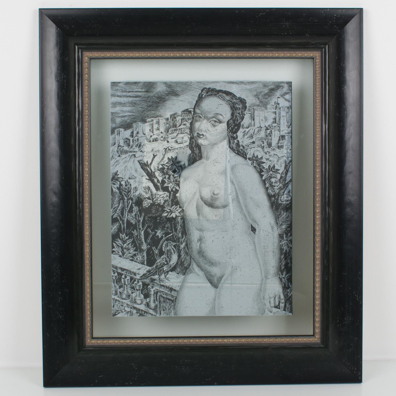 Nude with a Bird, Eglomisé Mirrored Glass Engraved Panel Painting by Leon Masson For Sale 4