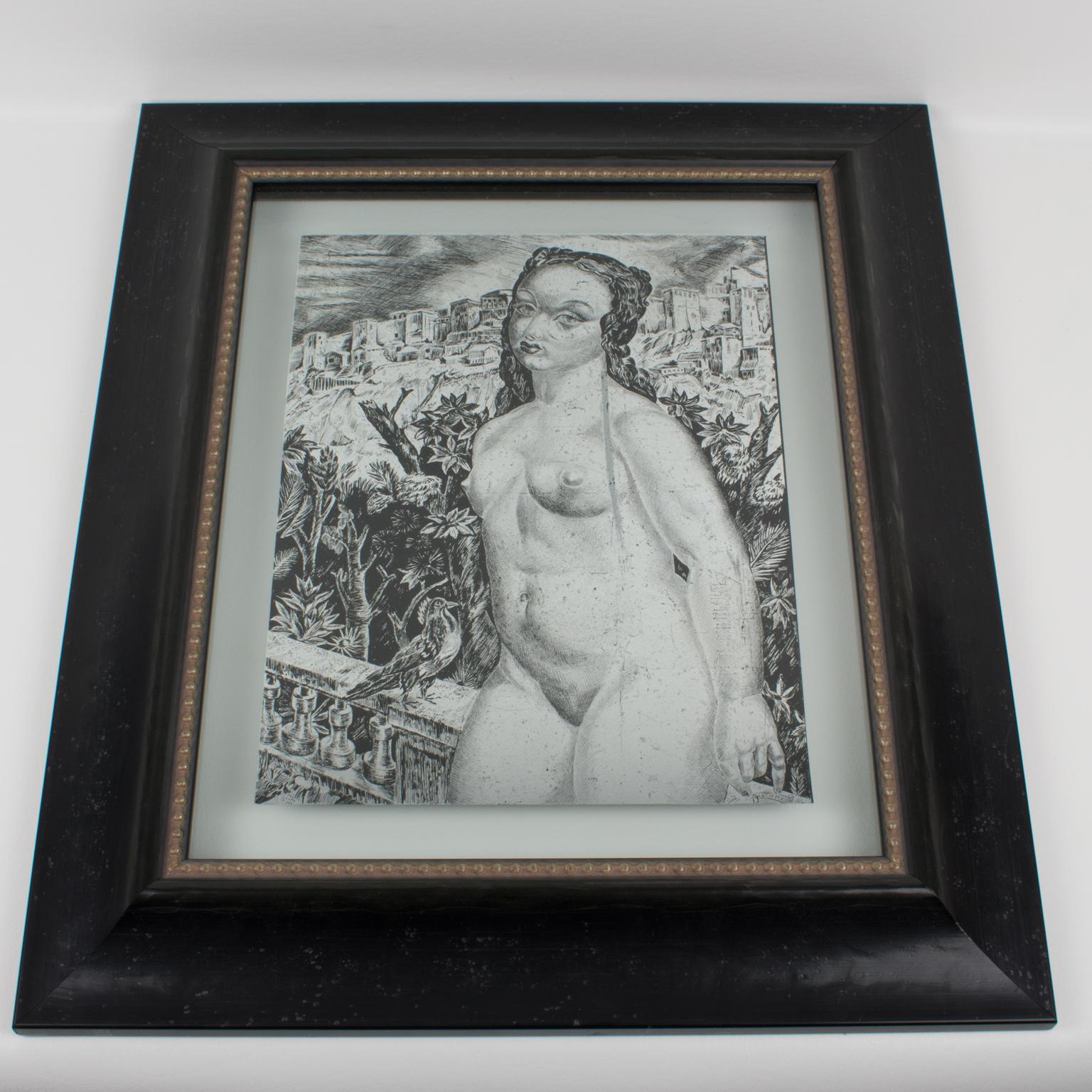 Nude with a Bird, Eglomisé Mirrored Glass Engraved Panel Painting by Leon Masson For Sale 6