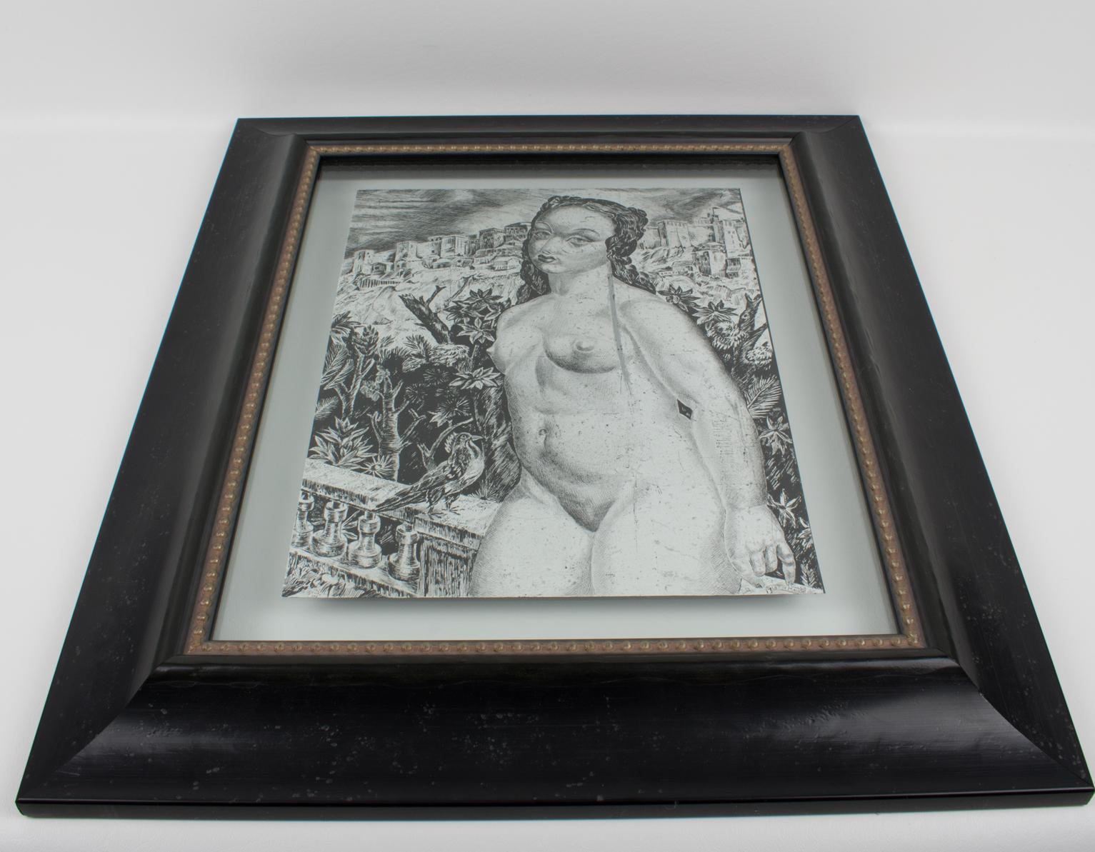 Nude with a Bird, Eglomisé Mirrored Glass Engraved Panel Painting by Leon Masson For Sale 7