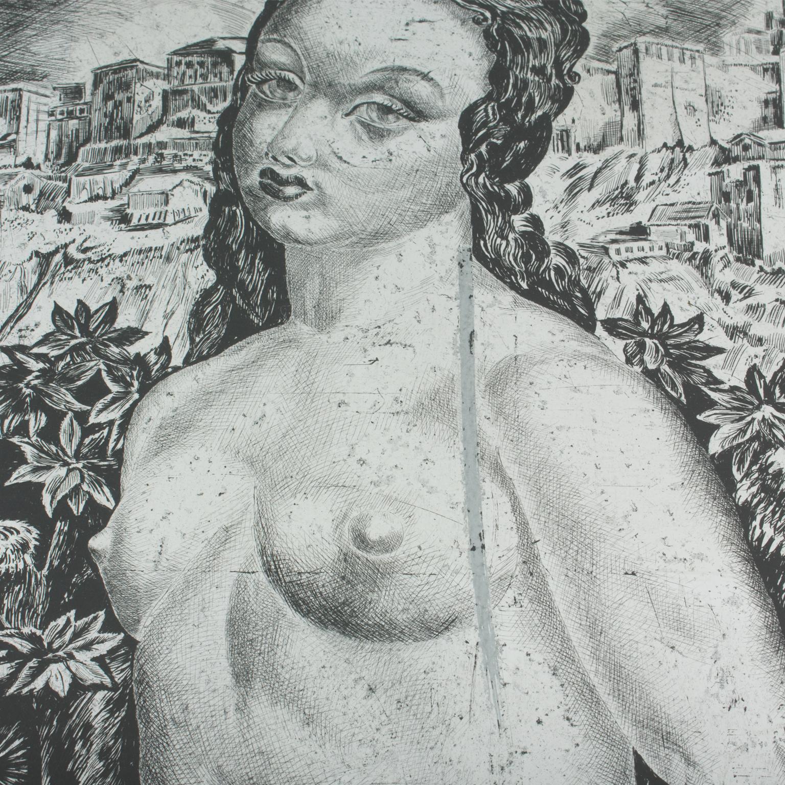 Nude with a Bird, Eglomisé Mirrored Glass Engraved Panel Painting by Leon Masson For Sale 8