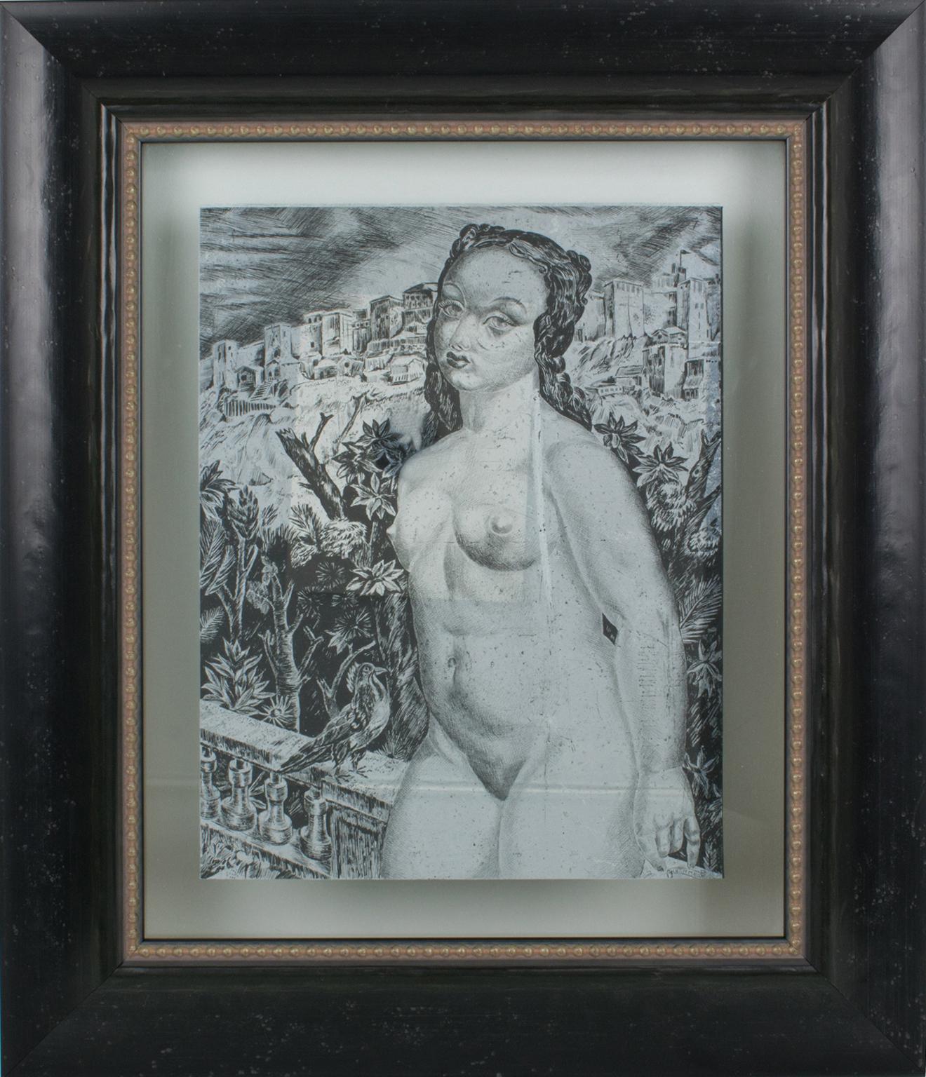 A rare eglomisé work by Léon Masson (1911–1987). The piece was crafted in France circa 1940. This captivating mirrored glass panel painting, masterfully executed in the eglomisé technique, showcases Léon Masson's mastery of artistic vision.