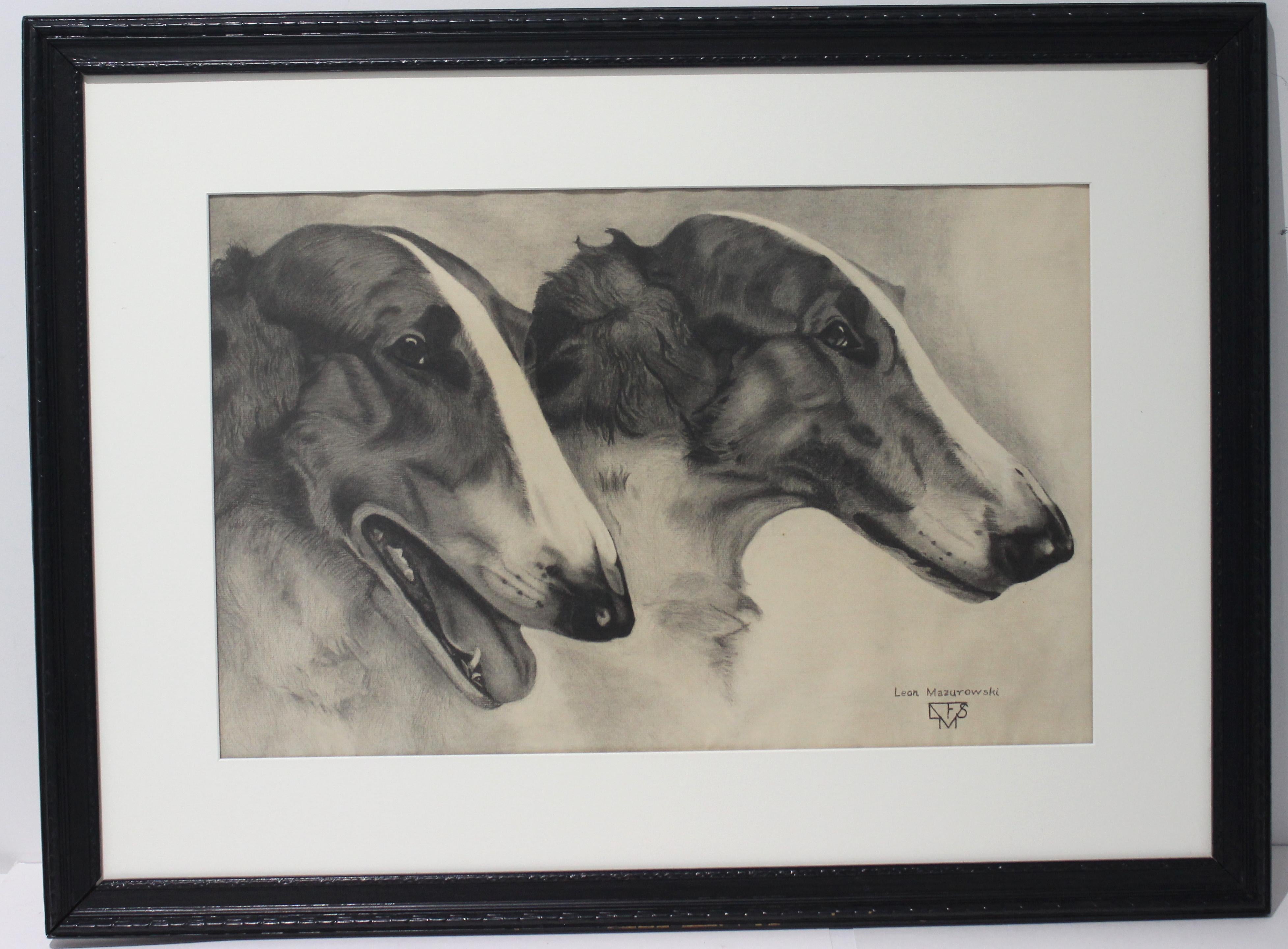 Leon Mazurowski Cani Borzoi Disegno in grafite e carboncino su carta in vendita 8