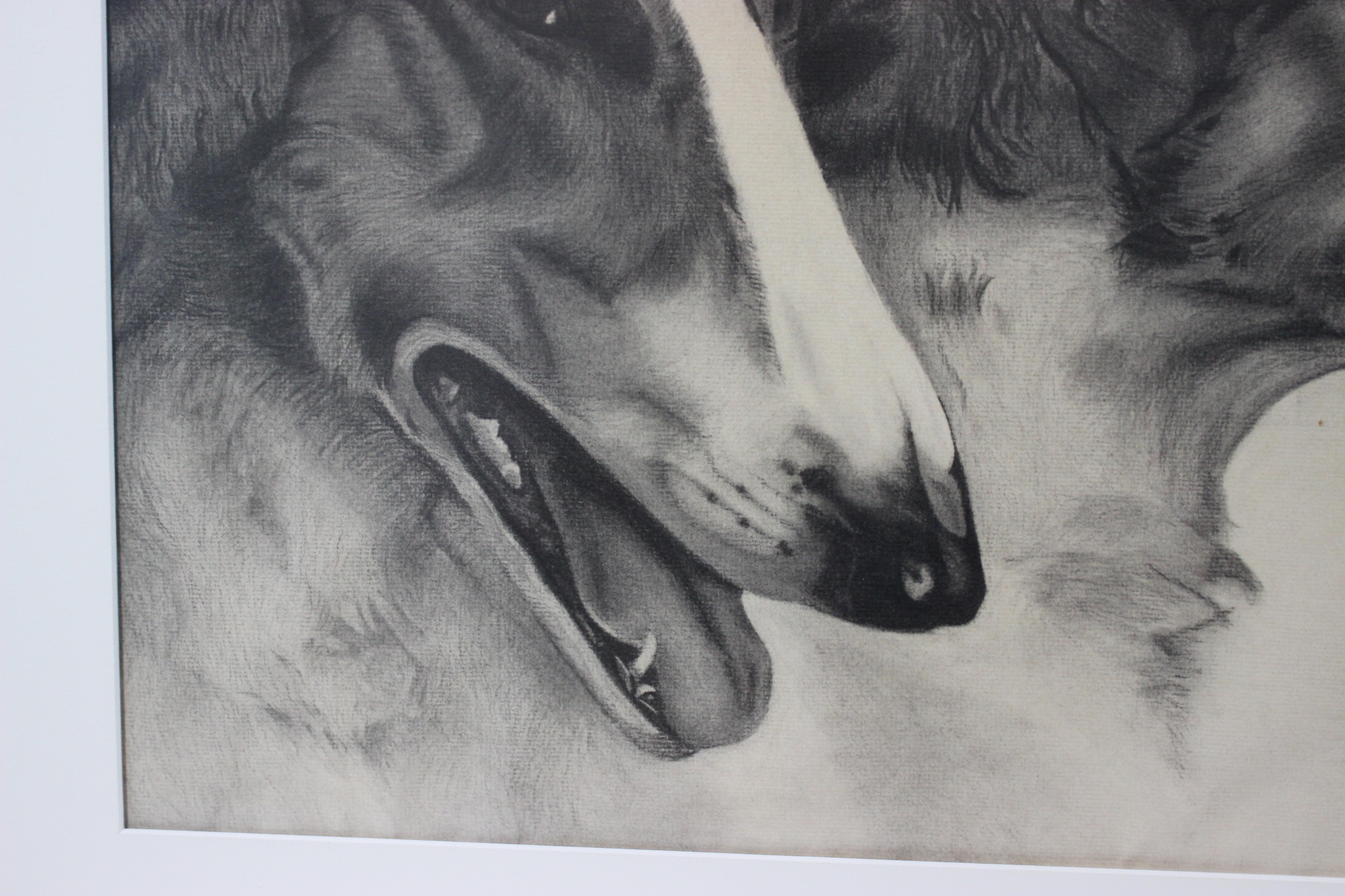 Hand-Painted Leon Mazurowski Borzoi Dogs Graphite and Charcoal Drawing on Paper For Sale