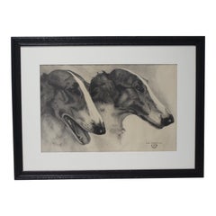 Leon Mazurowski Borzoi Dogs Graphite and Charcoal Drawing on Paper