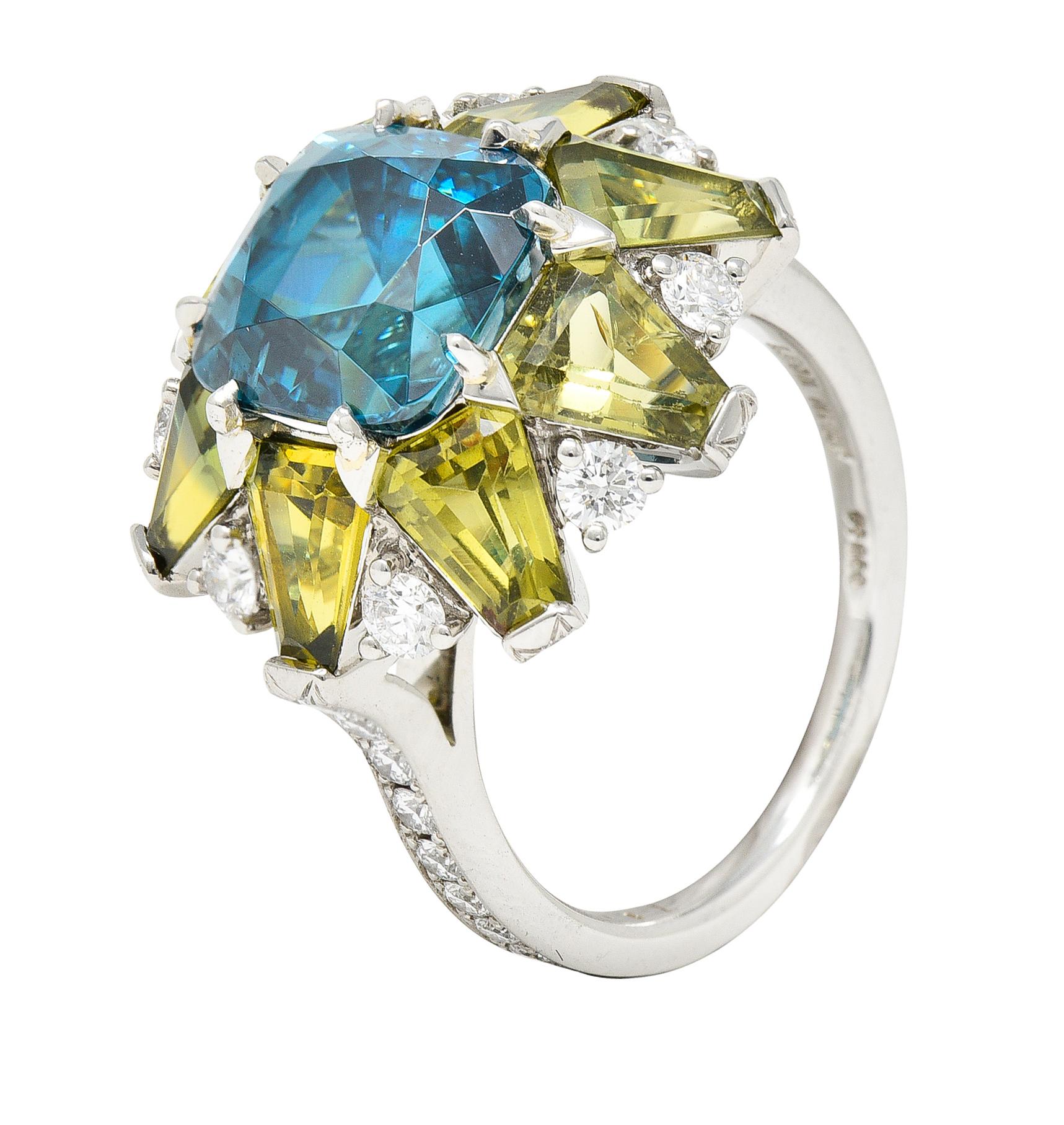 Leon Mege 12.00 Carats Zircon Green Sapphire Diamond Platinum Cluster Ring 4