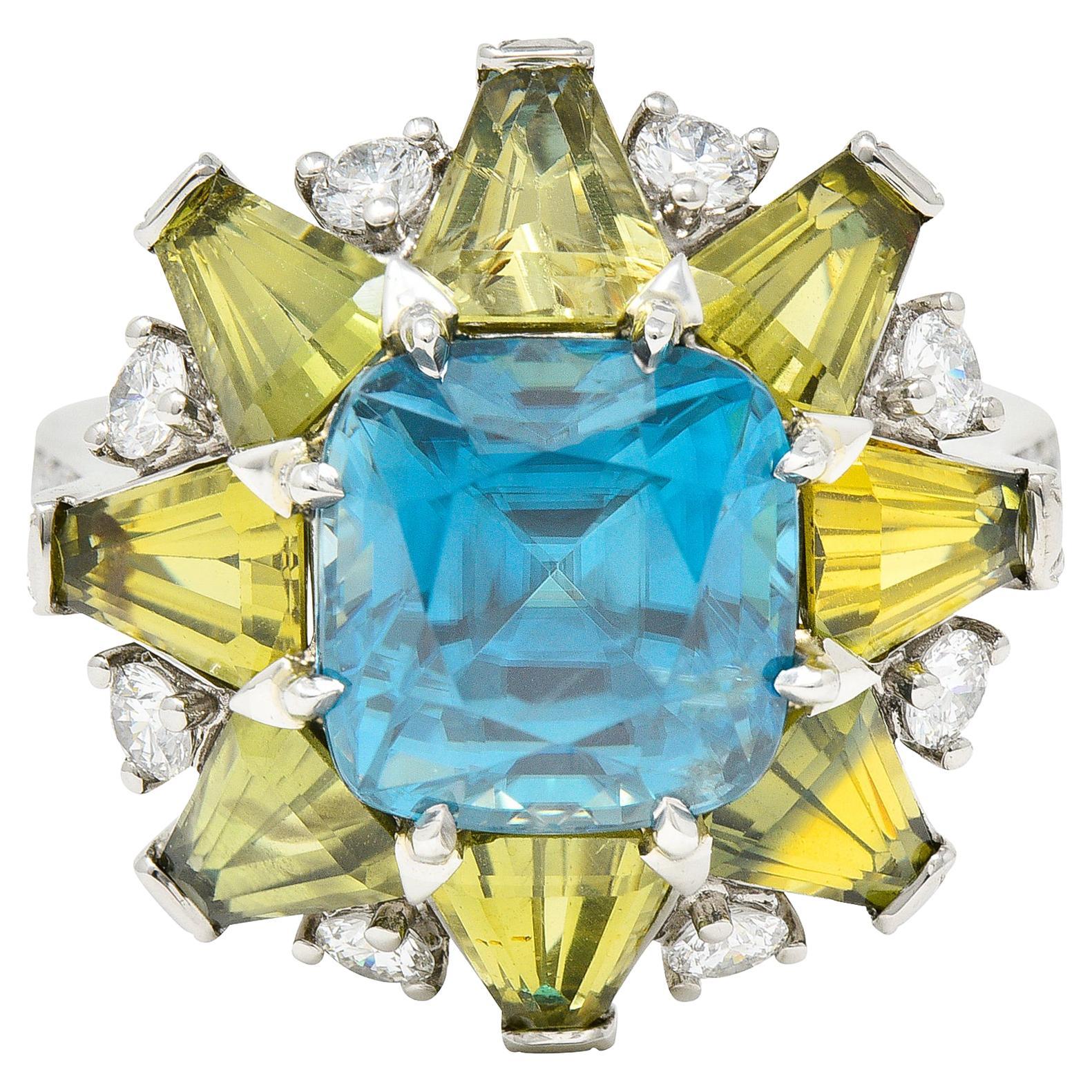 Leon Mege 12.00 Carats Zircon Green Sapphire Diamond Platinum Cluster Ring