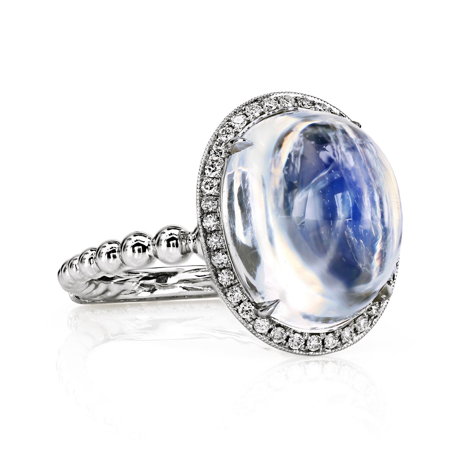 For decades, Leon Mege work is fueled by his affordable couture concept that resonates well with collectors from around the world. 

The tall 13.42-carat moonstone cab charged with cosmic spirituality is the focal point of the couture ring design by