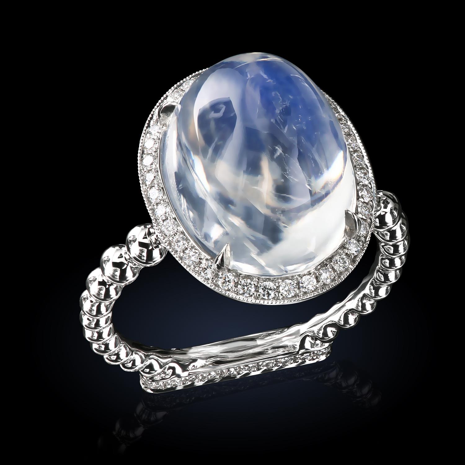 Leon Mege 13.22 Carat Moonstone Cab Ring with Diamonds in Platinum In New Condition In New York, NY