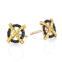 Leon Mege 18 Karat Yellow Gold Studs Earring with Sapphires and Black Diamonds