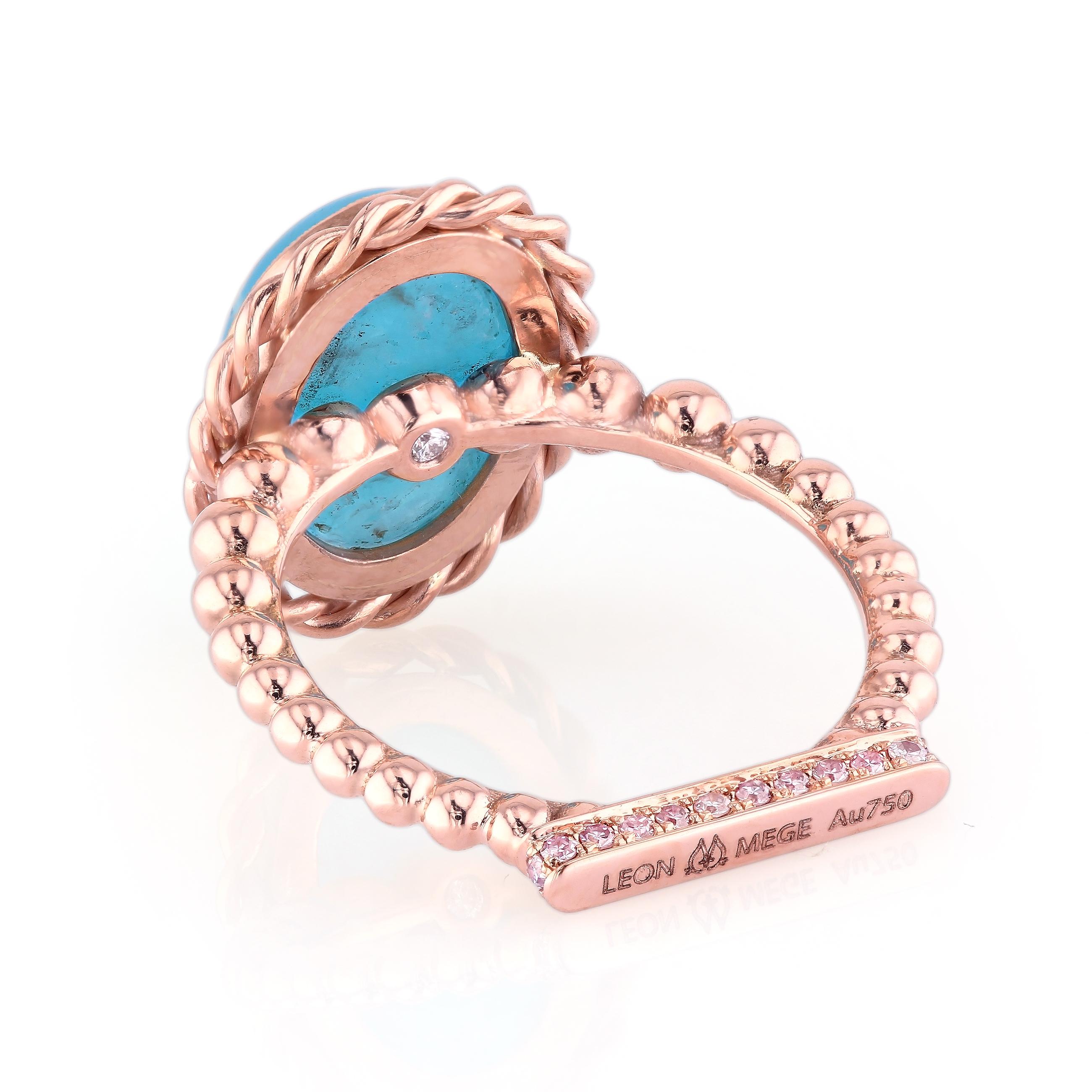 Oval Cut Leon Mege 18K Rose Gold Flamingo Ring with Pink Diamonds and Hemimorphite Cab For Sale