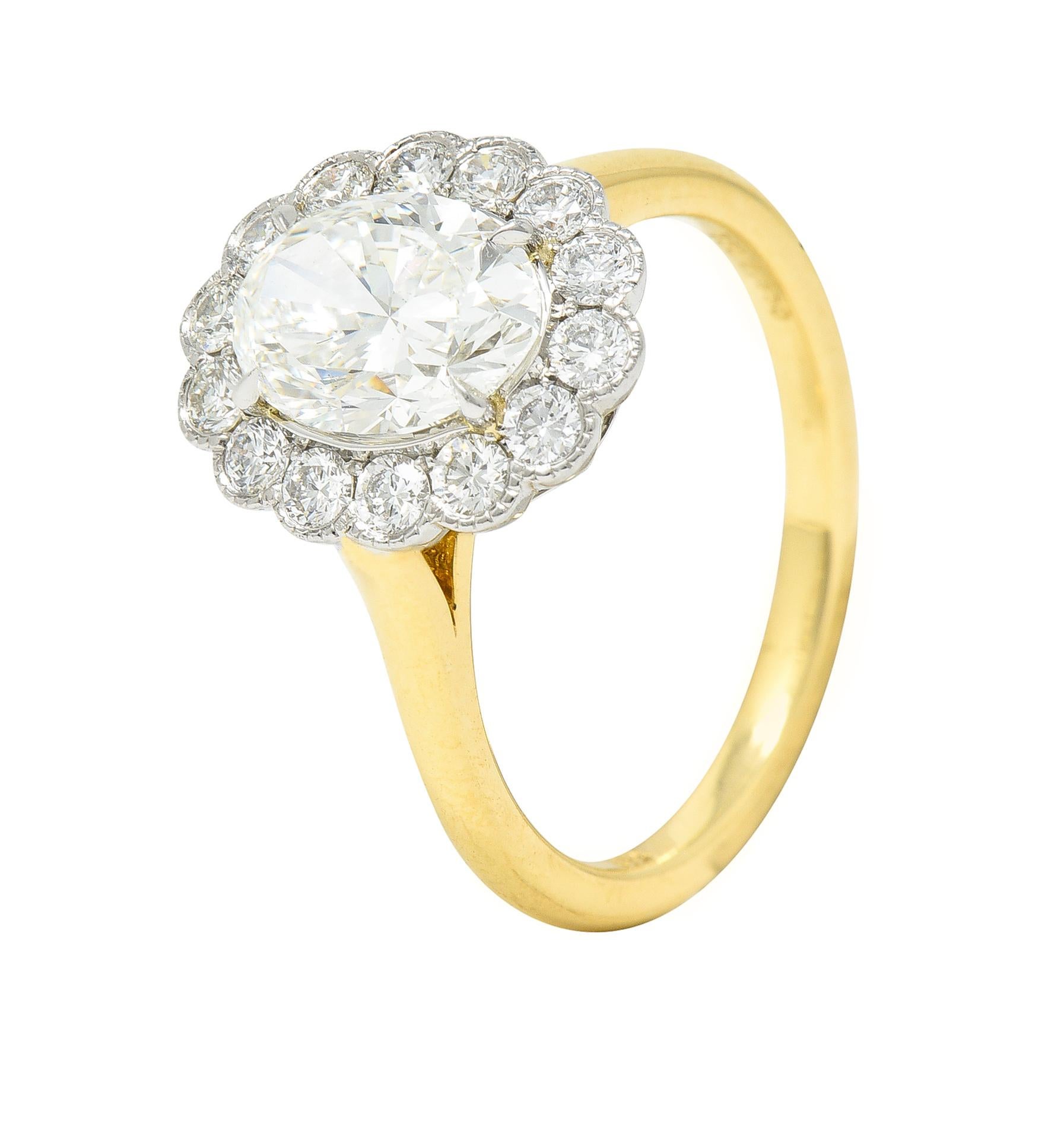 Leon Megé 2.30 Carats Oval Cut Diamond Platinum 18 Karat Yellow Gold Halo Ring 2