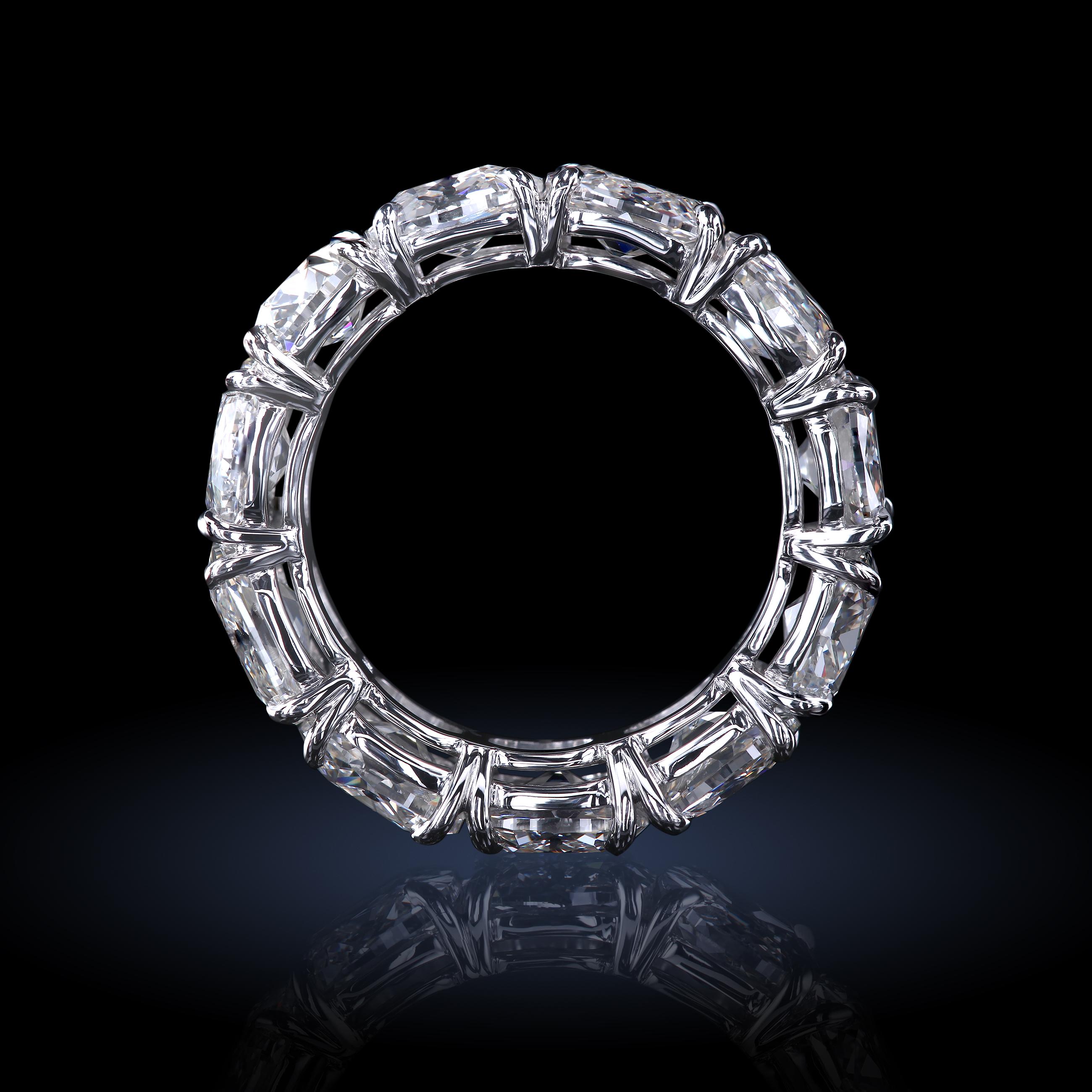 The eternity-set diamond band with 10 antique cushion diamonds extremely low to the finger and ultra-smooth, 
7 mm wide
Finger size 6
Handmade in platinum
All GIA certified stones:
1.03 I/VS1
1.02 H/IF
1.03 H/VVS1
1.07 H/SI1
1.02 H/SI2
1.17