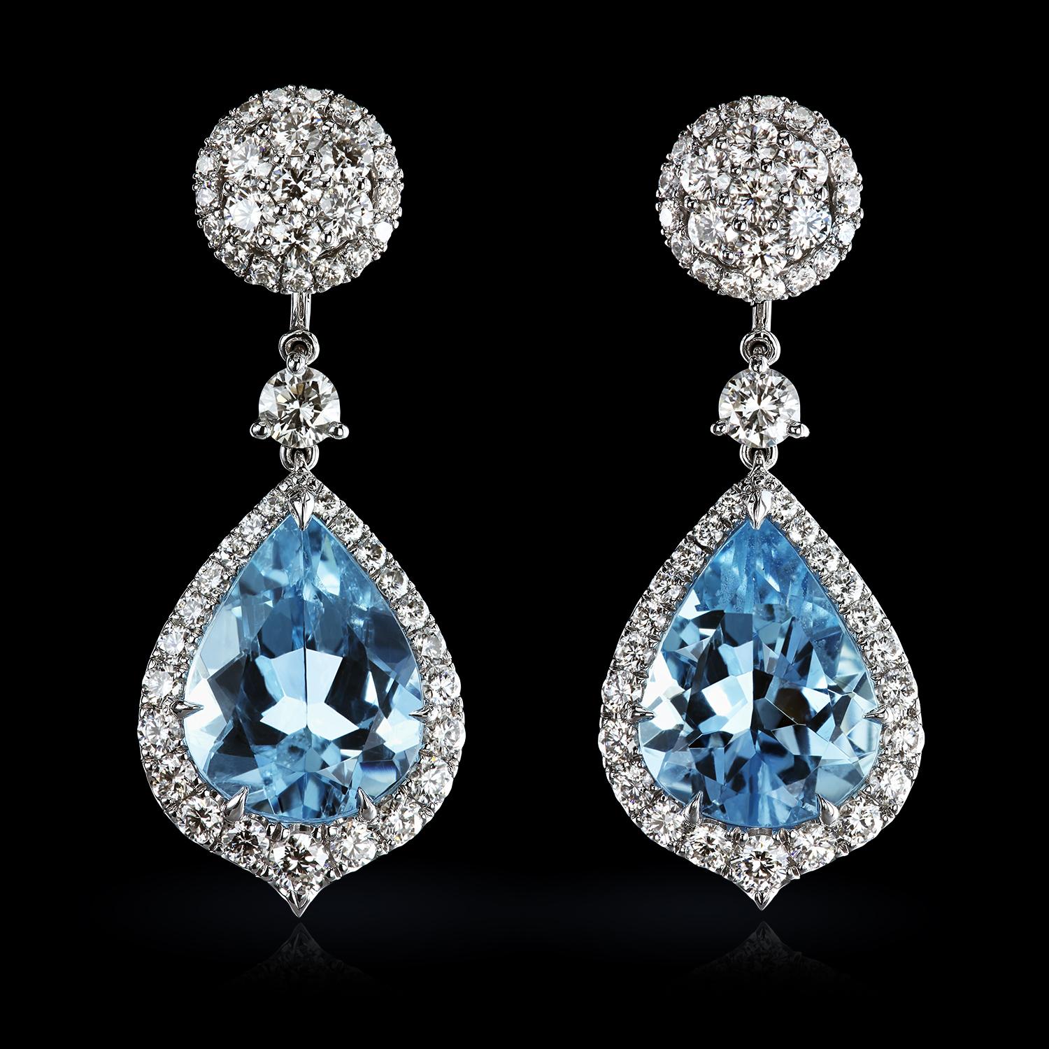 Gorgeous chandeliers are specifically designed to make you look like an absolute goddess on your wedding day and later convert to a casual pair of everyday studs. The drops have a total of 7.75-carats of aquamarines and 2.23 carats of F/VS diamonds.
