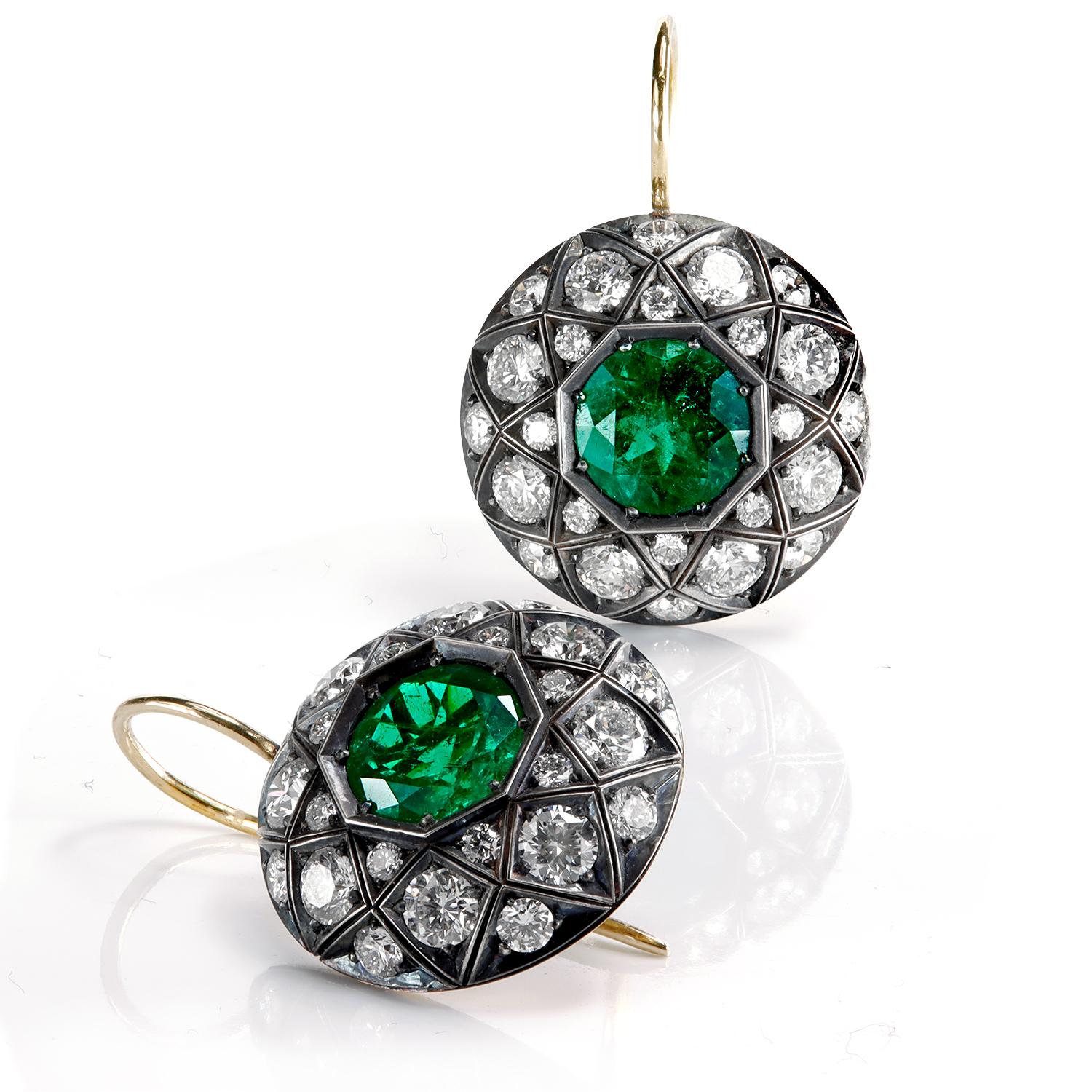 Leon Mege Pendientes Esmeralda Colombiana Natural Art Decó Corte redondo en venta