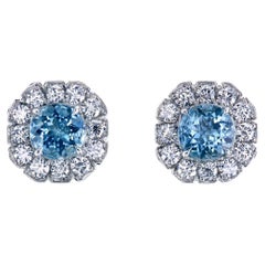 Leon Mege Art Deco Style Platinum Studs with Rounds Aquamarines and Diamonds