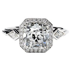 Leon Megé Art Deco Reproduction Ring with Cushion Diamond and Bright-Cut Pave