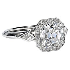 Used Leon Megé Art Deco Reproduction Ring with Cushion Diamond and Bright-Cut Pave