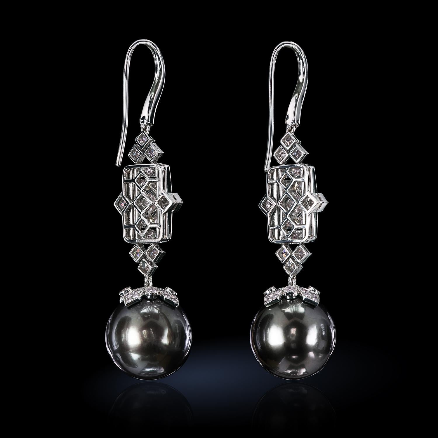 French Cut Leon Mege Art Deco Style Black Pearl and Diamonds French Wire Earrings For Sale
