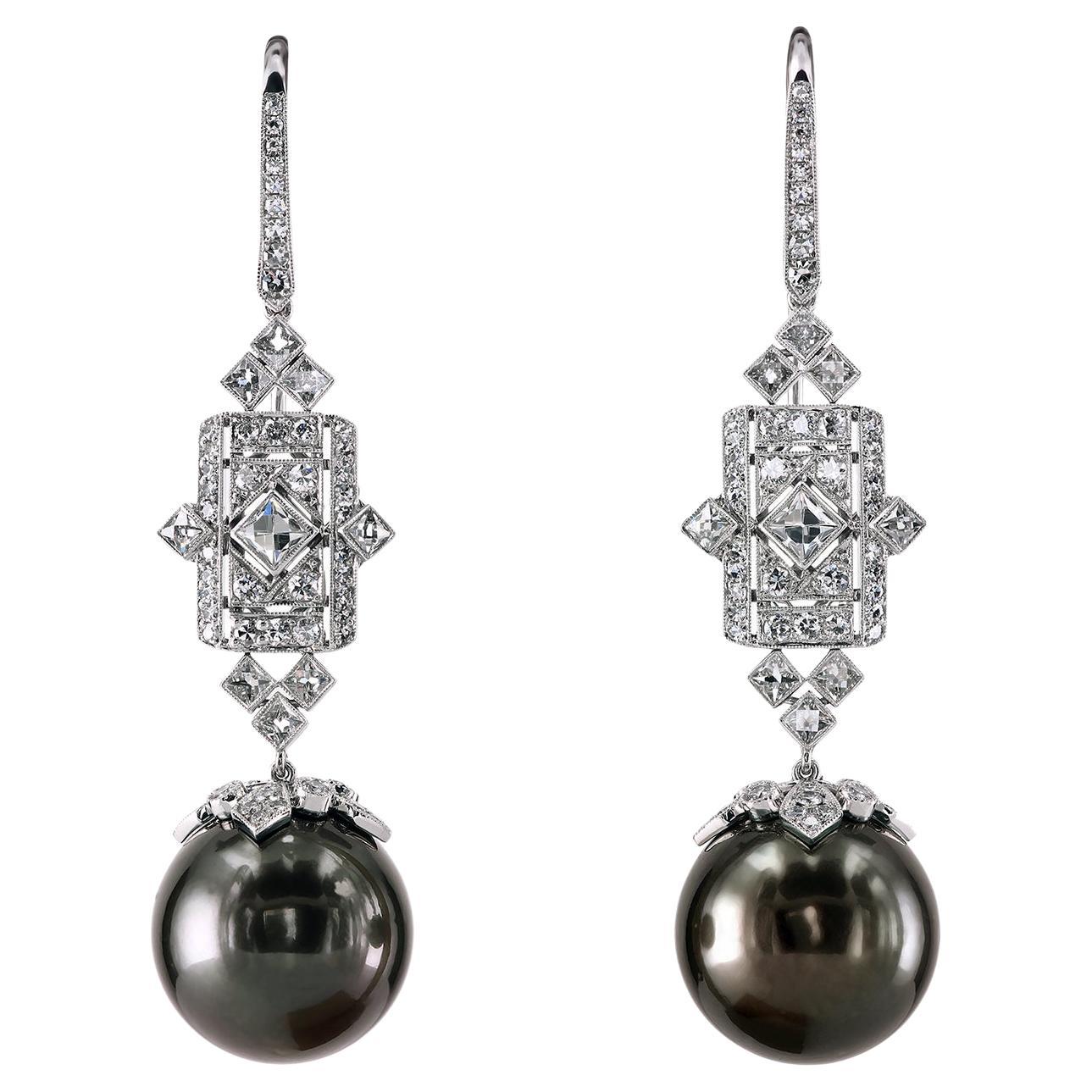 Leon Mege Art Deco Style Black Pearl and Diamonds French Wire Earrings