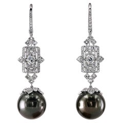 Leon Mege Art Deco Style Black Pearl and Diamonds French Wire Earrings