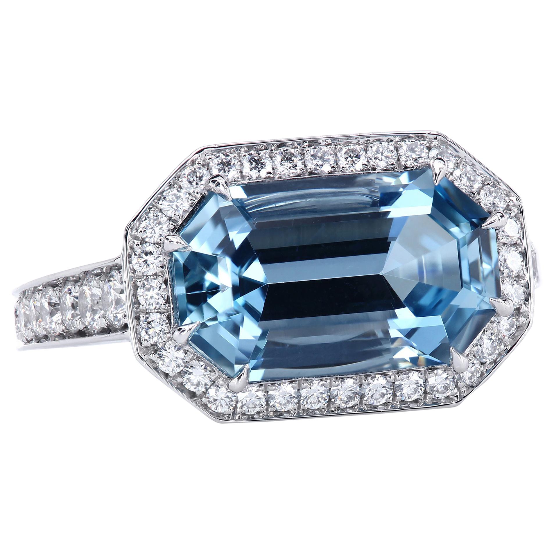 Leon Mege Art Deco Style East-West Natural Aquamarine  Diamond Platinum Ring 