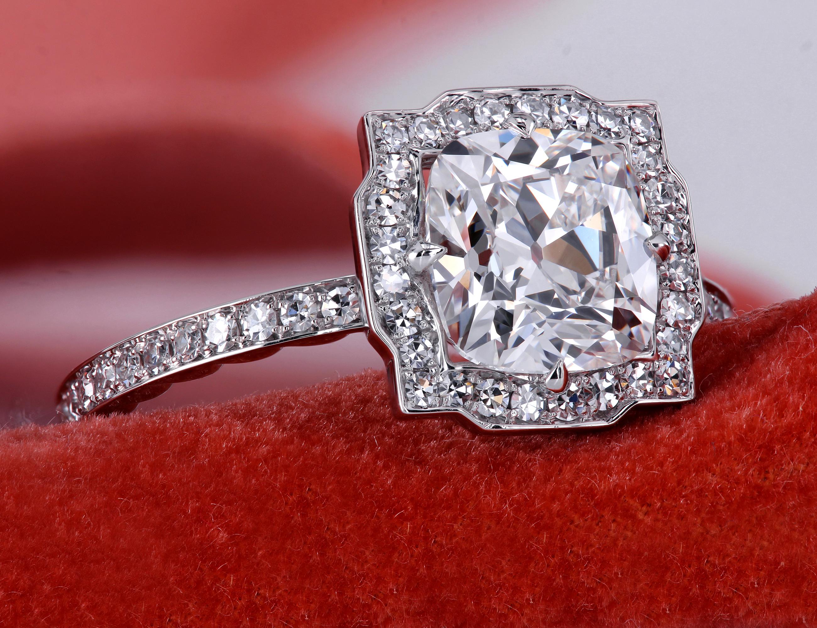 Cushion Cut Leon Mege Art Deco Style GIA 1.59 Carat E/VS1 Cushion Platinum Diamond Ring