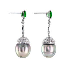 Leon Mege Bespoke Platinum Drop Earrings with Tsavorite Garnets and Grey Pearls
